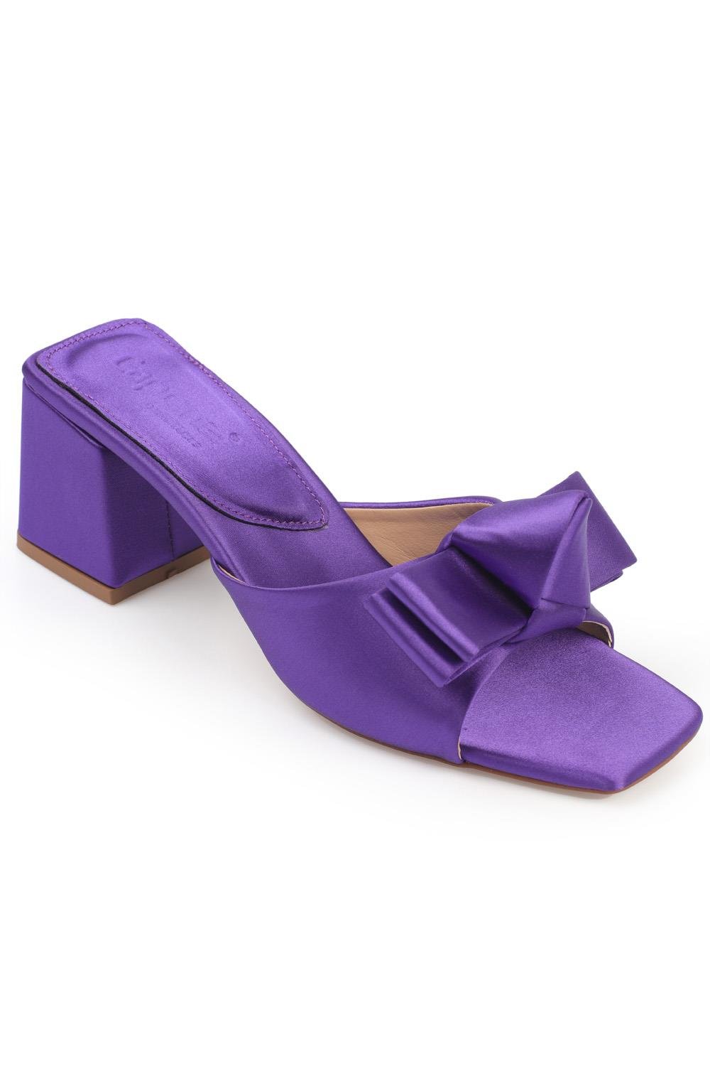 Capone Blunt Toe Knot Double Bow Detail Satin Woman Mid Heel Sandals