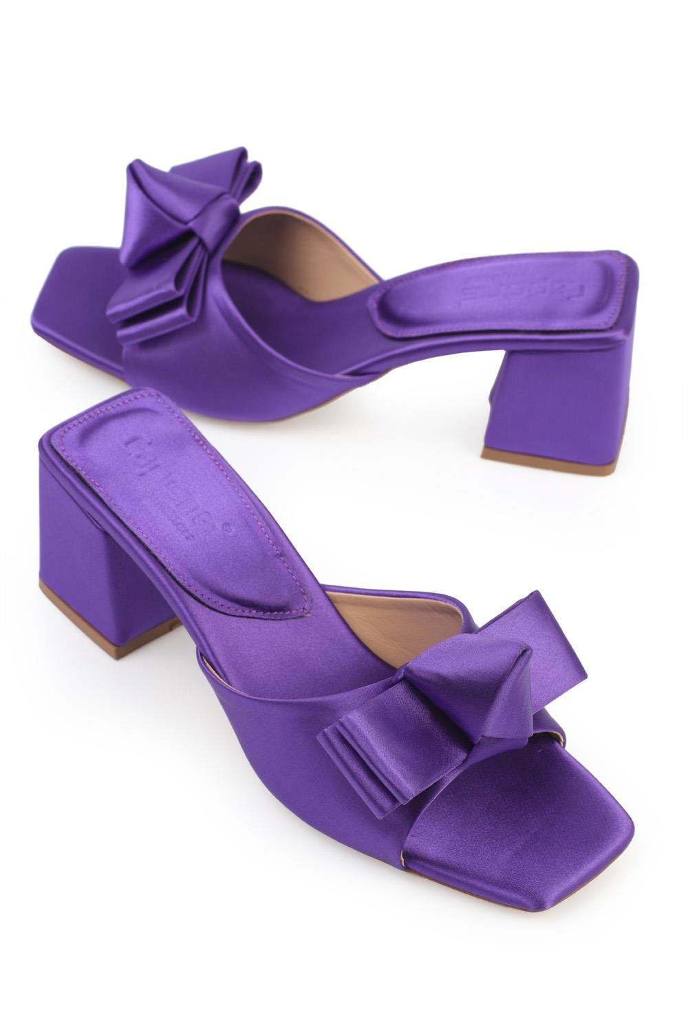 Capone Blunt Toe Knot Double Bow Detail Satin Woman Mid Heel Sandals