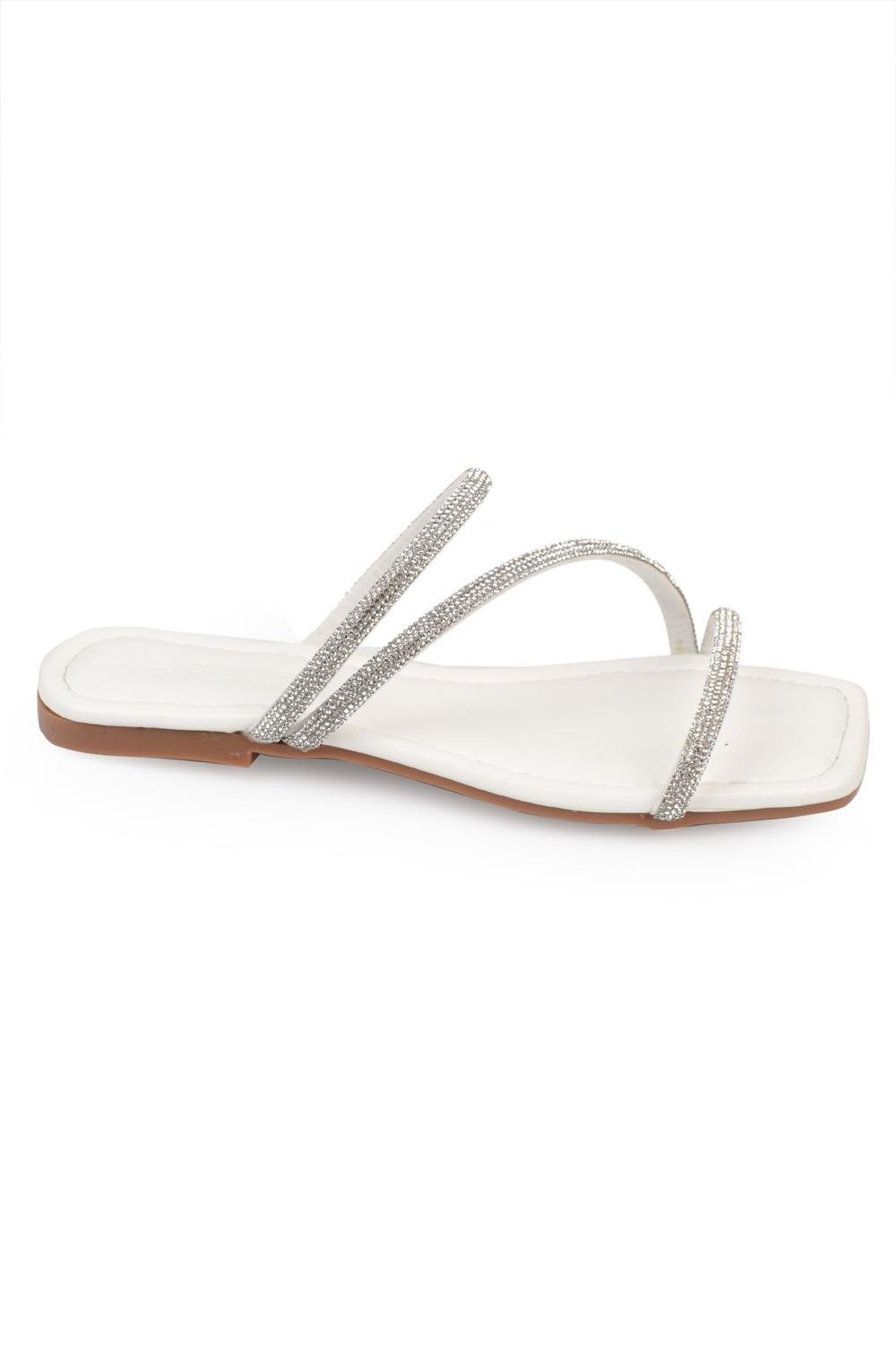 Capone Crystal Embellished 3 Banded Flat Heel  Quilted Woman Sandals
