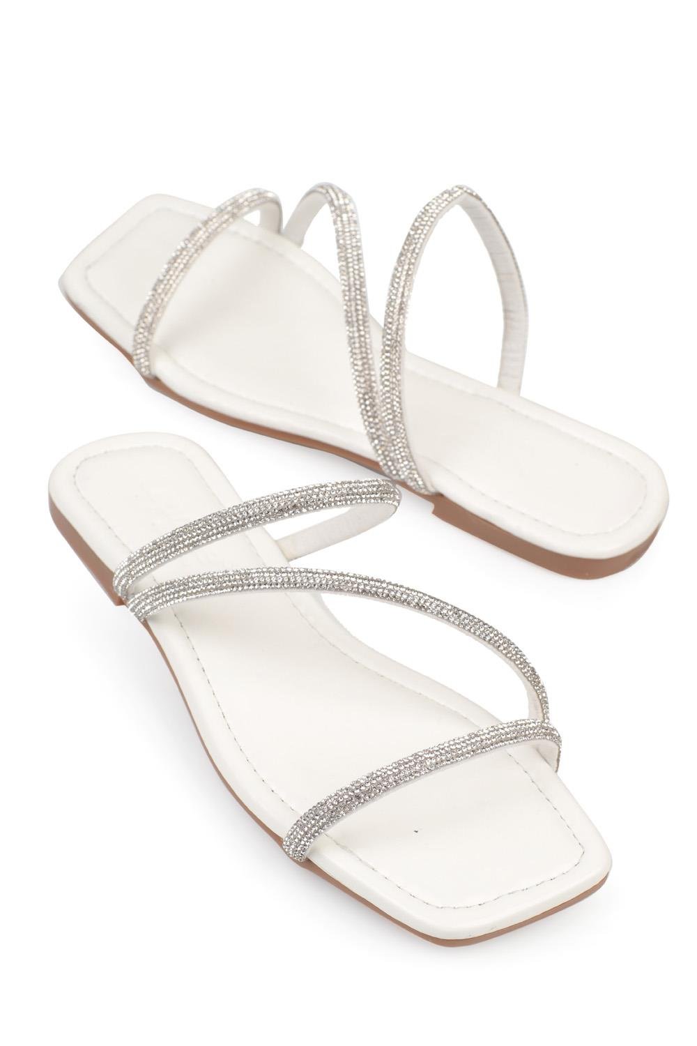 Capone Crystal Embellished 3 Banded Flat Heel  Quilted Woman Sandals