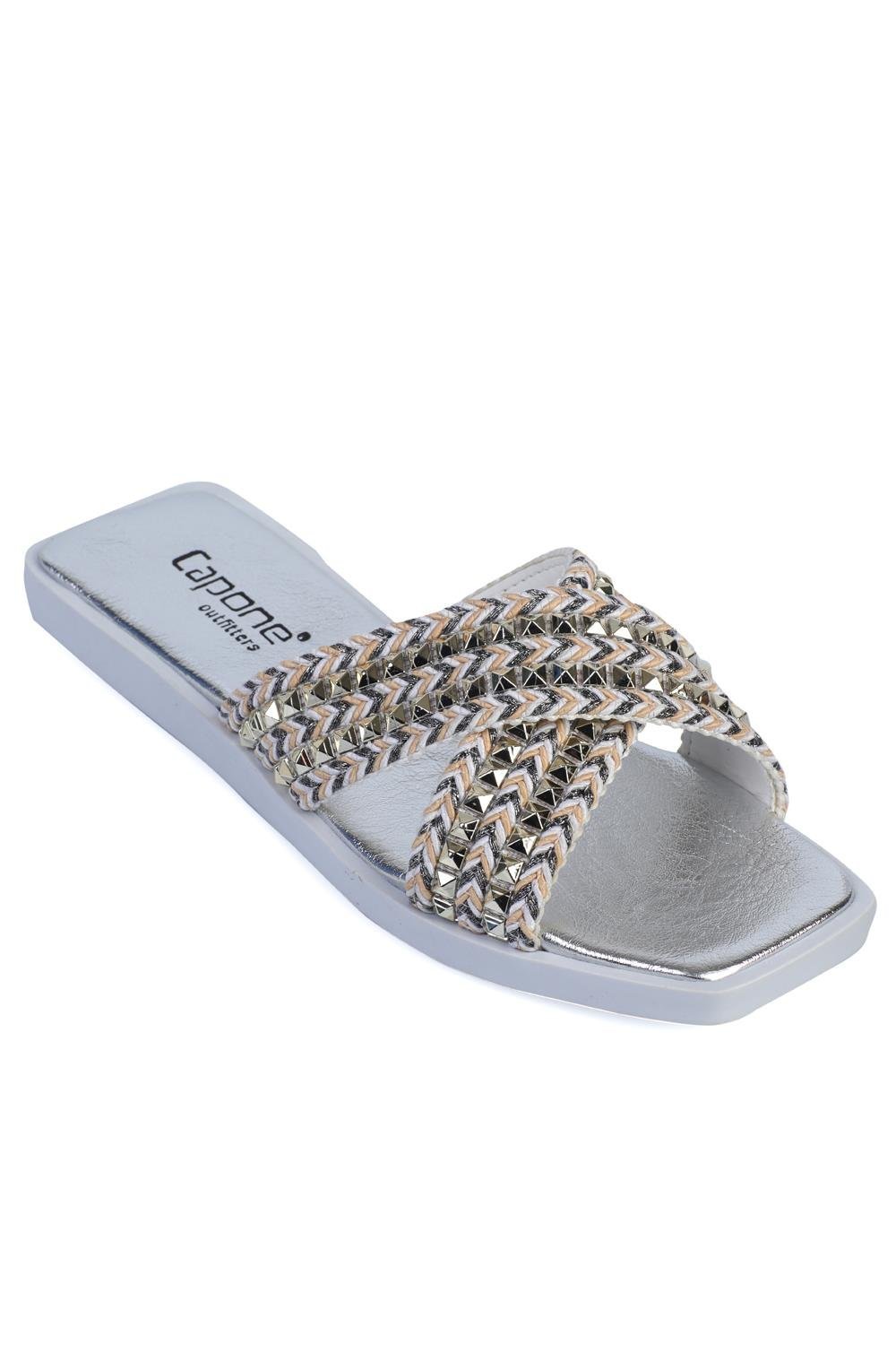 Capone Flat Heel Blunt Toe Metallic Cross Strap Women White Sandals
