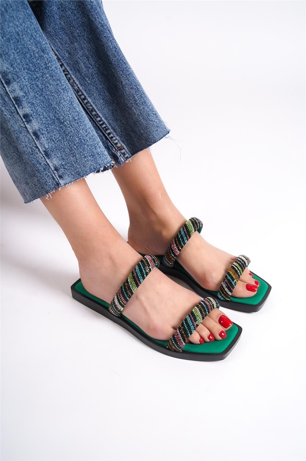 Capone Flat Toe Crystal Embellished Banded Flat Heeled Woman Sandals