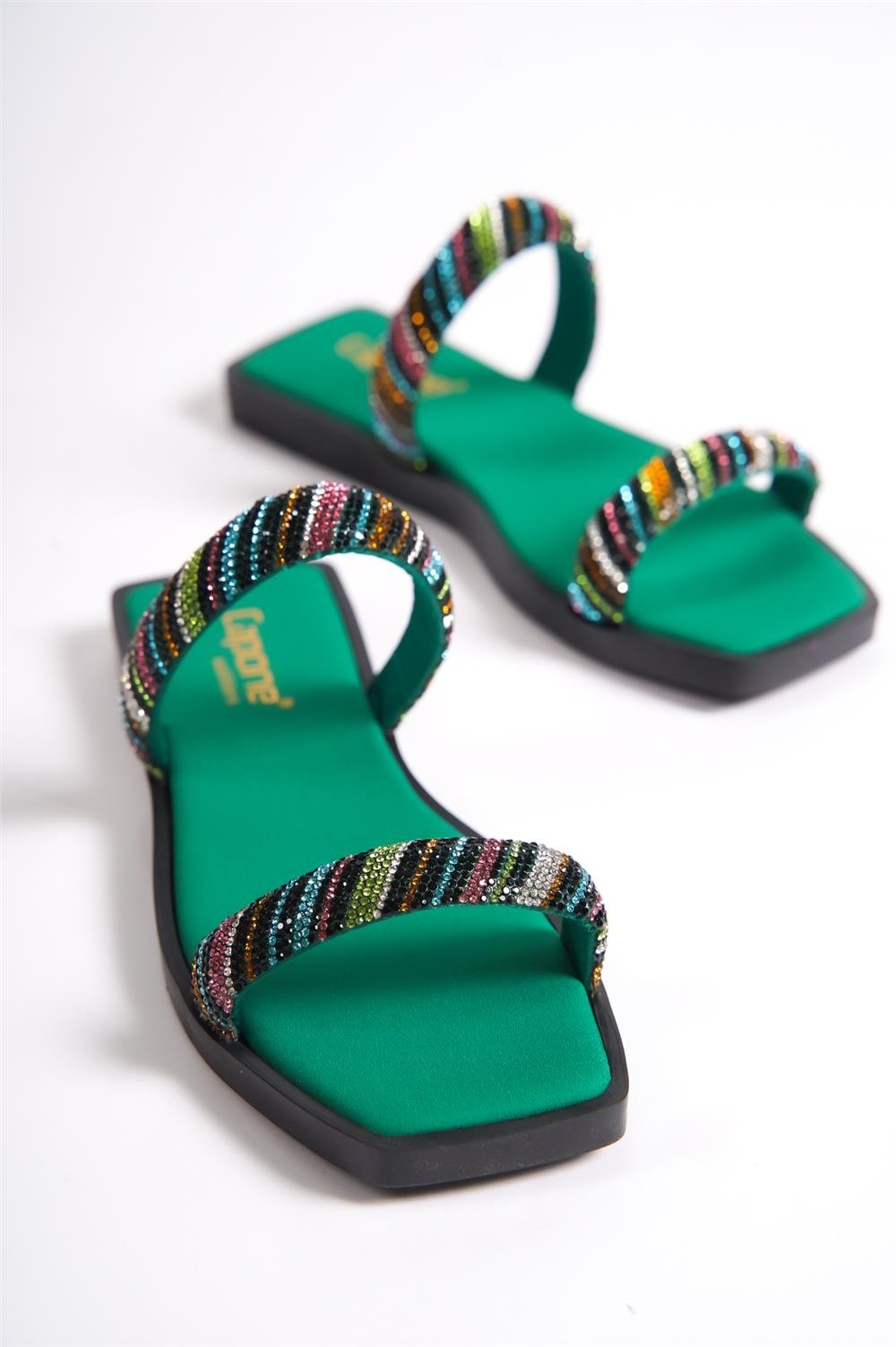 Capone Flat Toe Crystal Embellished Banded Flat Heeled Woman Sandals