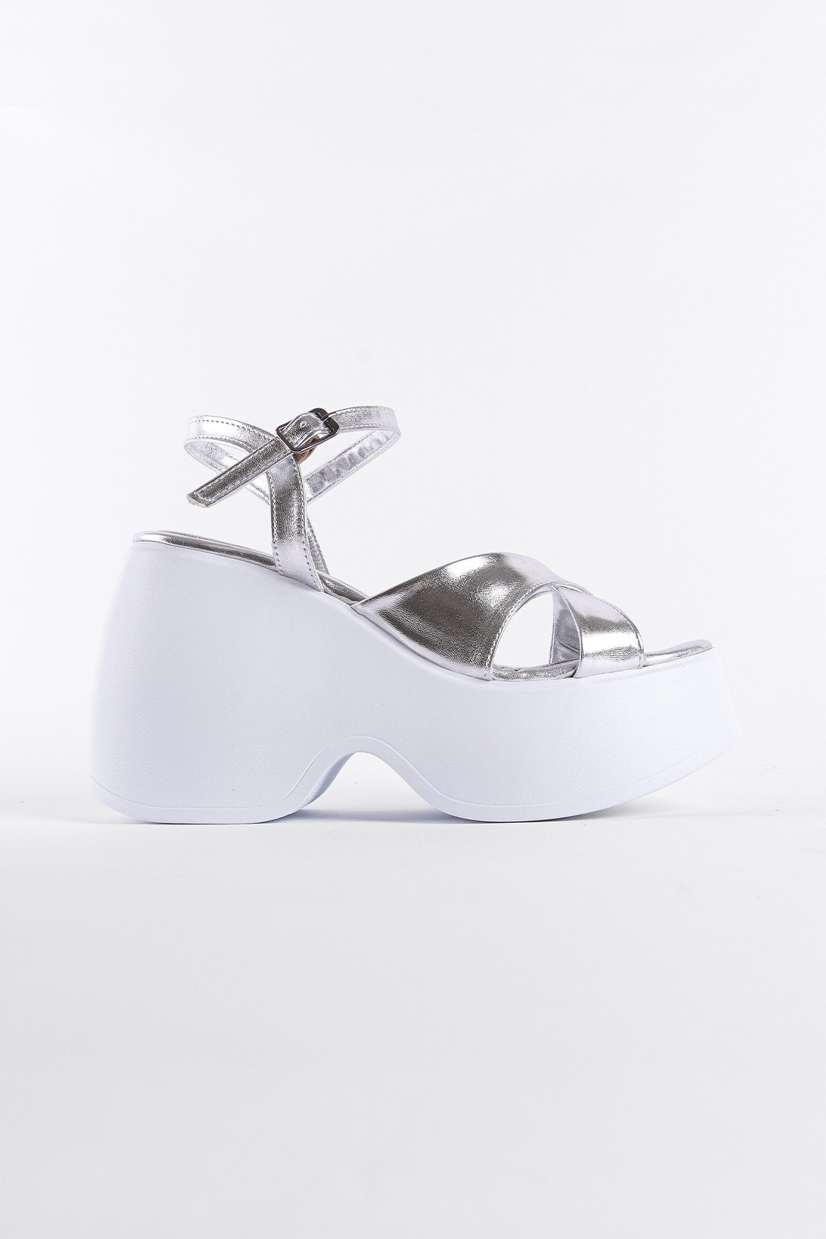 Capone High Wedge Heel Ankle Strap Women Metallic Silver Sandals