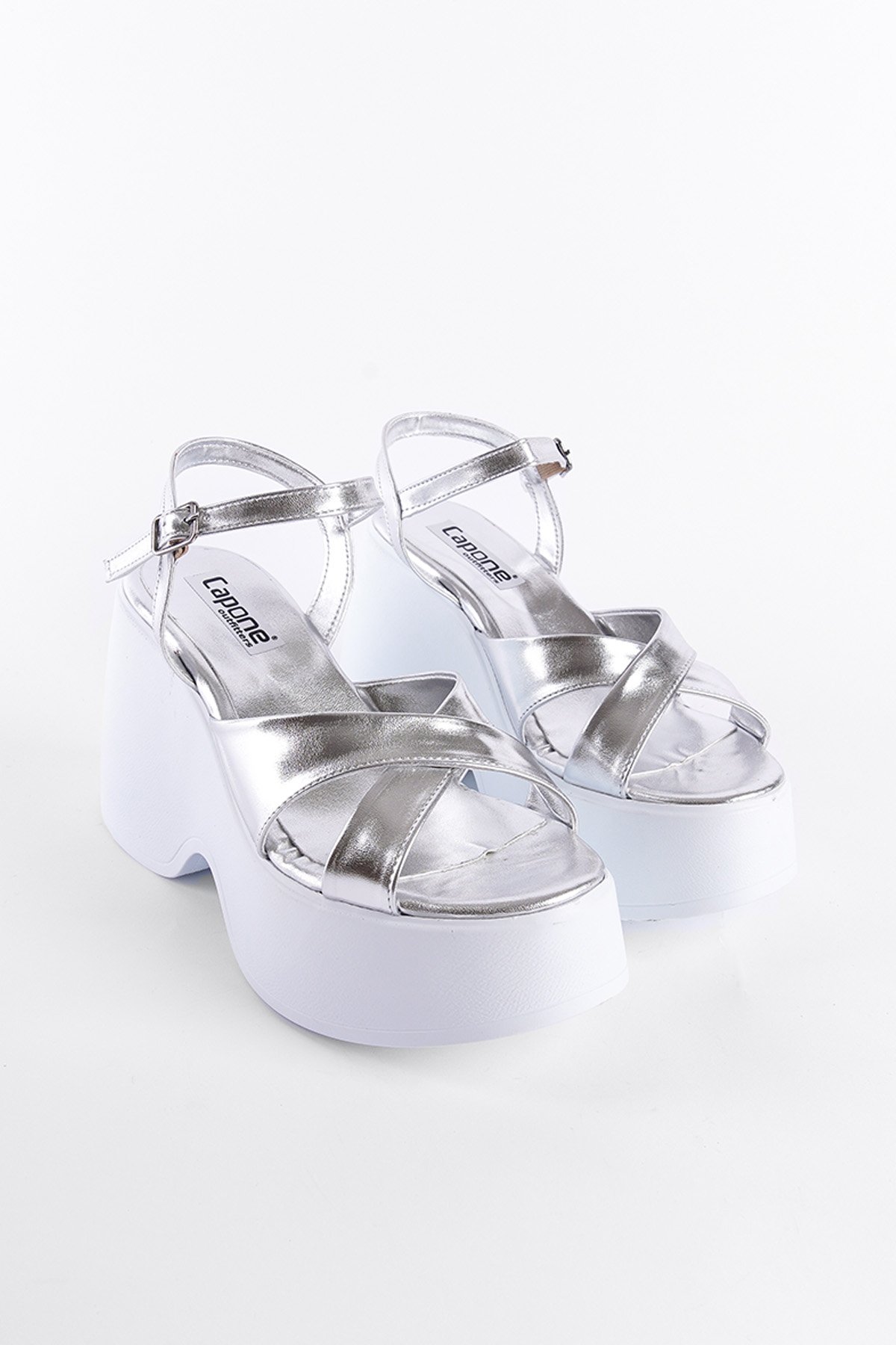 Capone High Wedge Heel Ankle Strap Women Metallic Silver Sandals