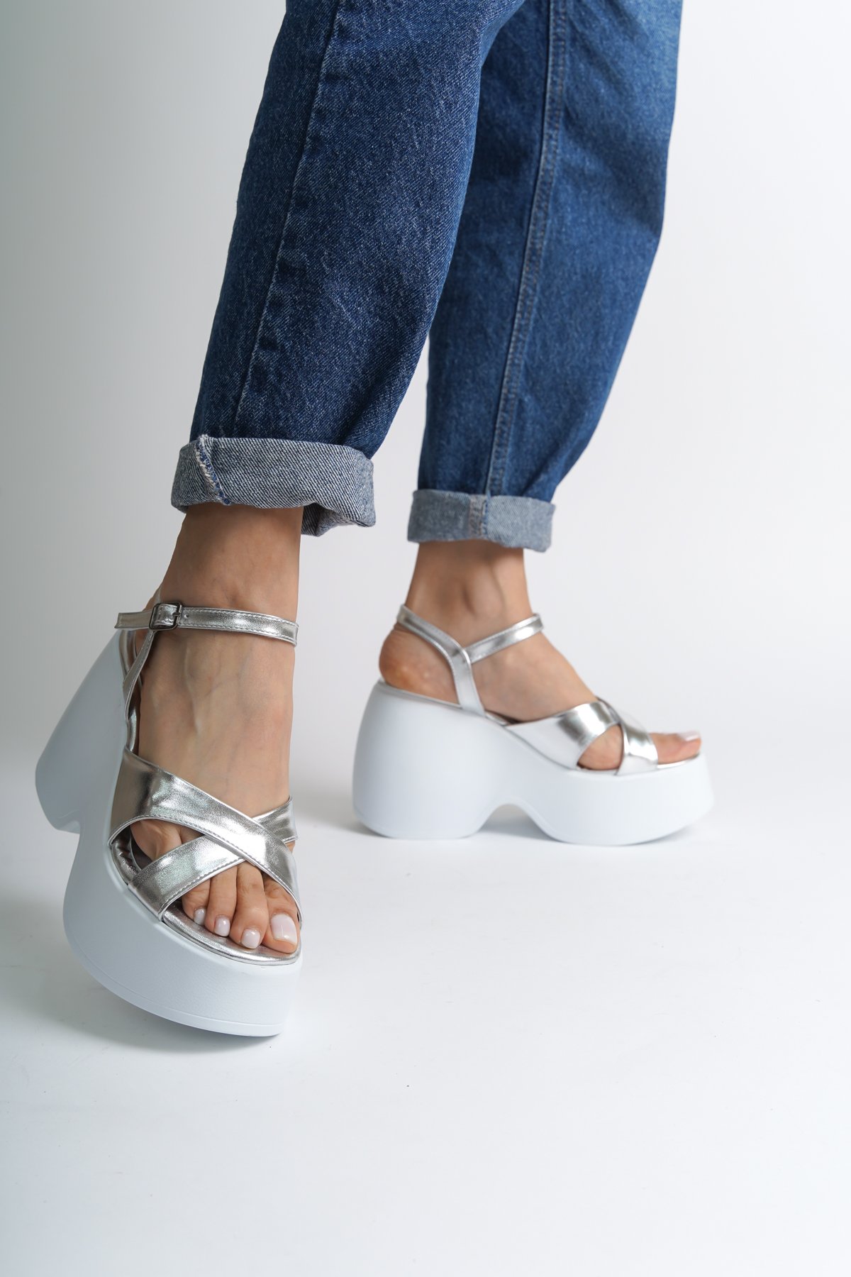 Capone High Wedge Heel Ankle Strap Women Metallic Silver Sandals