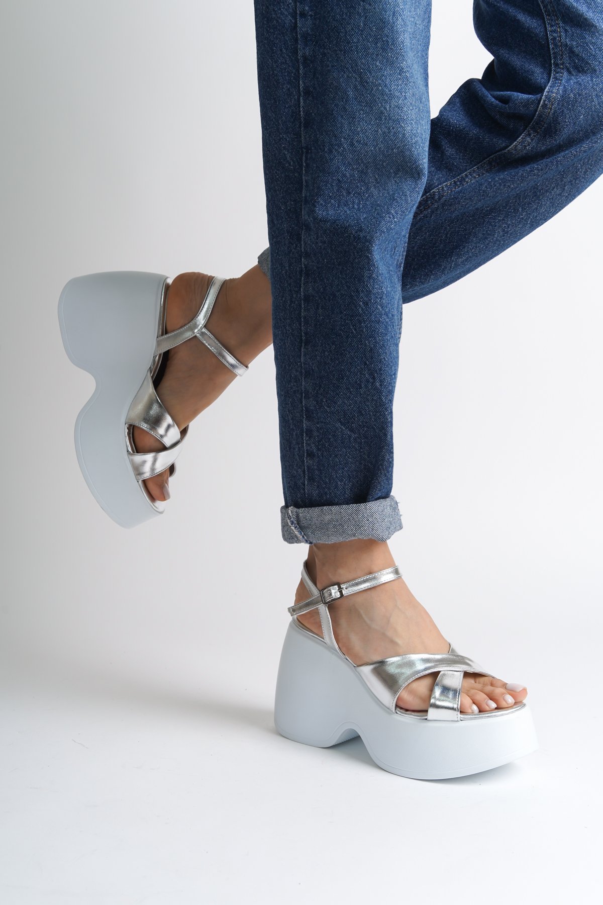 Capone High Wedge Heel Ankle Strap Women Metallic Silver Sandals