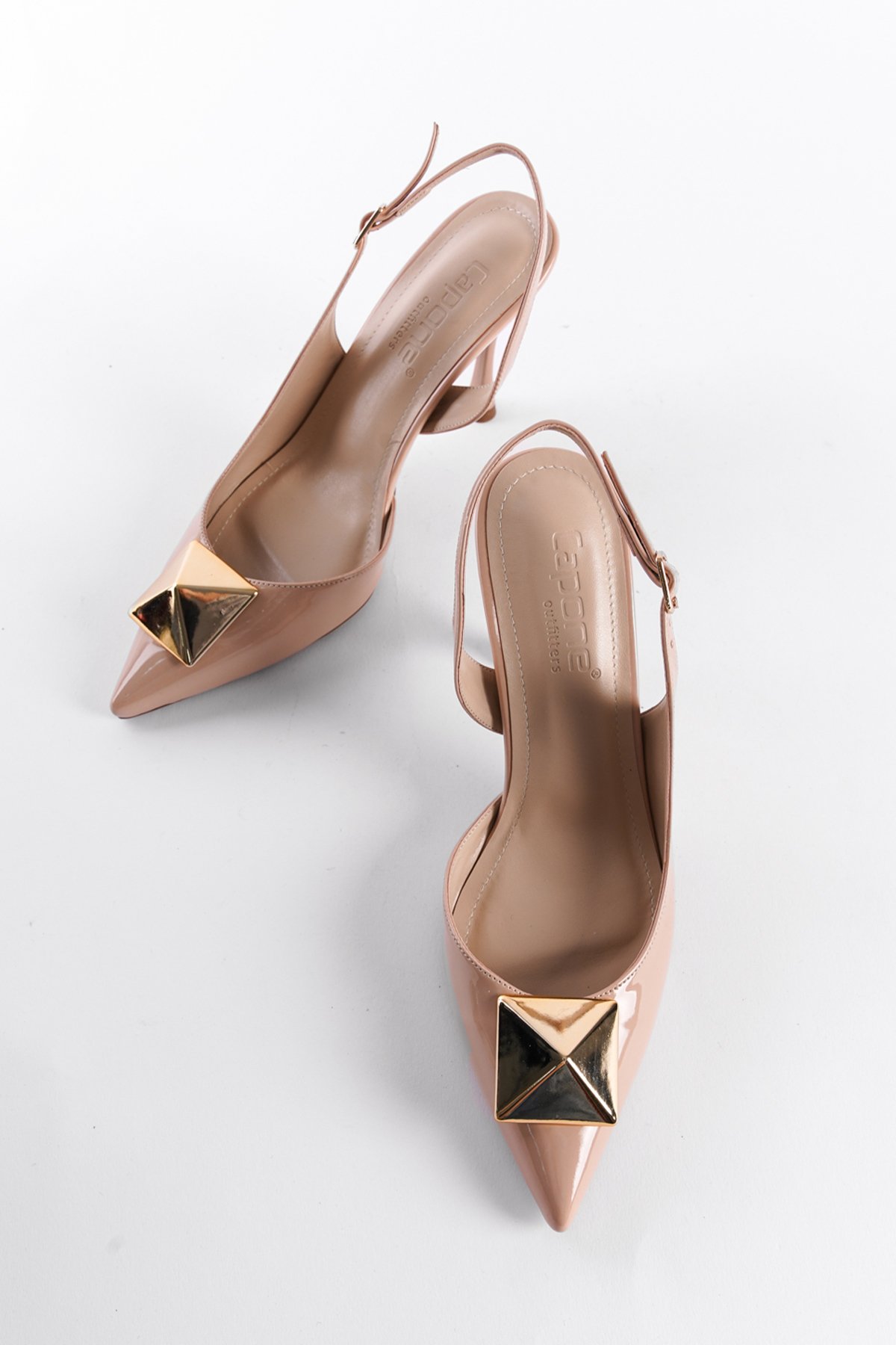 Capone Open Back Pointed Toe High Heel Buckle Women Patent Beige Shoes
