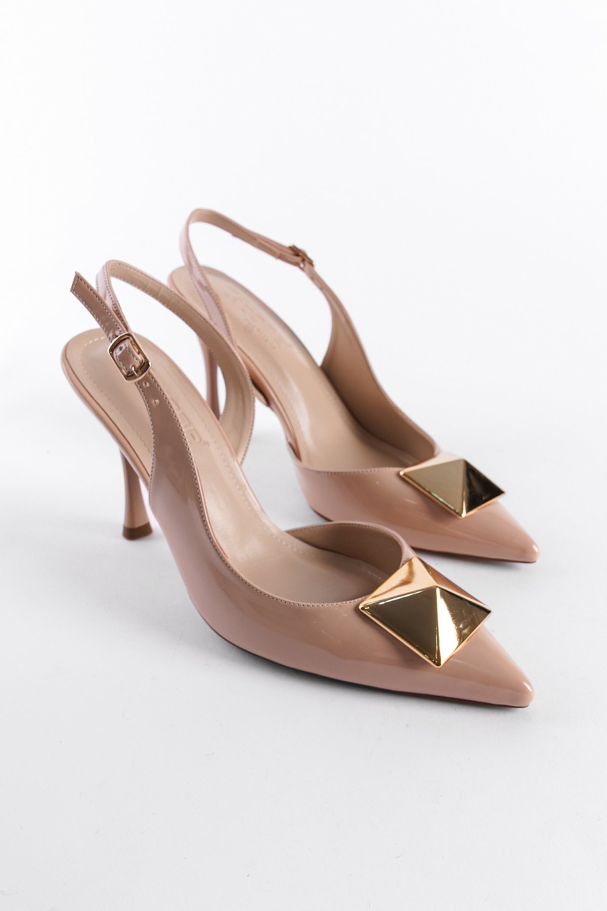 Capone Open Back Pointed Toe High Heel Buckle Women Patent Beige Shoes