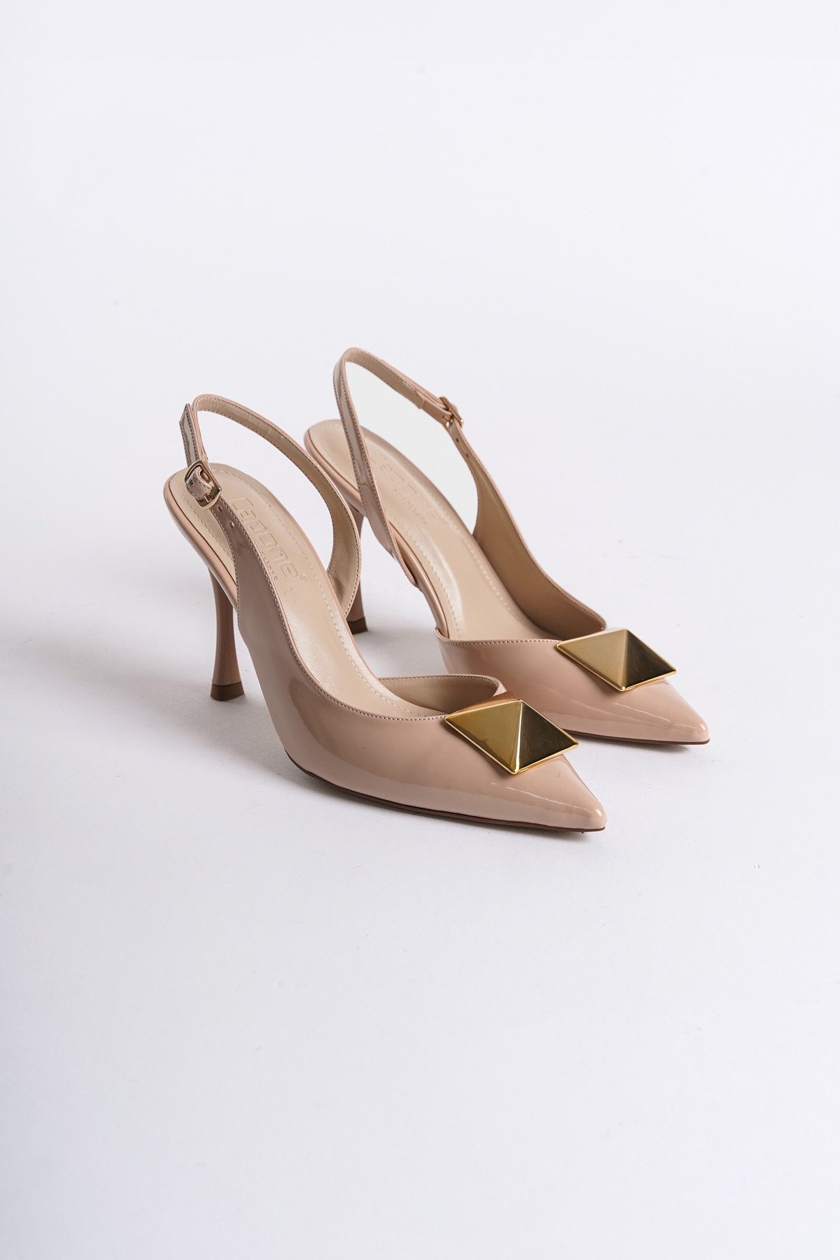 Capone Open Back Pointed Toe High Heel Buckle Women Patent Beige Shoes