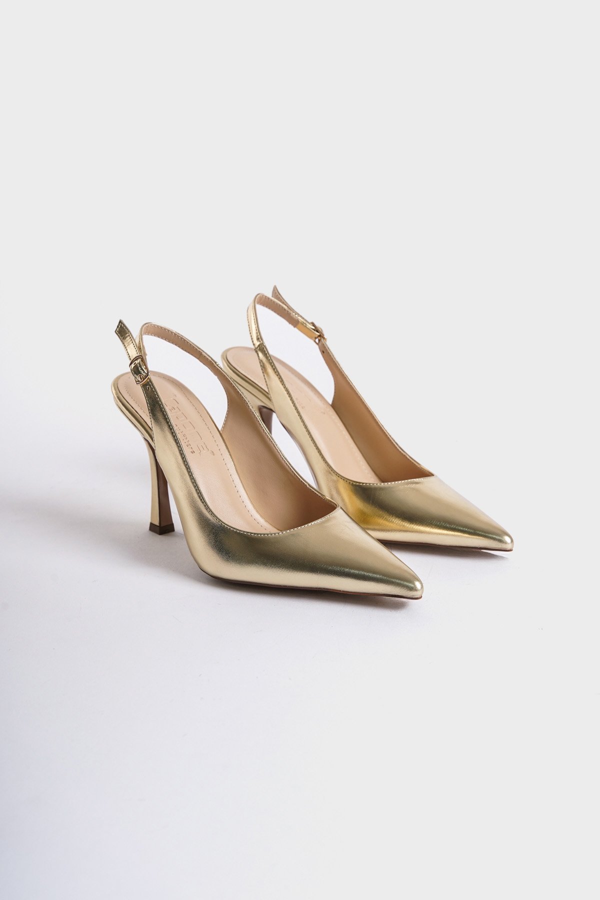 Capone Open Back Pointed Toe Mid Heeled Women Metallic Gold Shoes