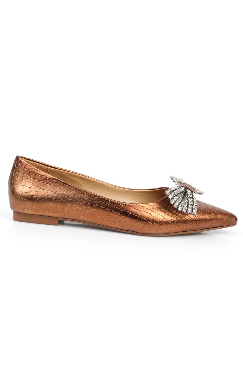 Capone Pointed Toe Woman Flats with Stones and Bow Crocodile Pattern