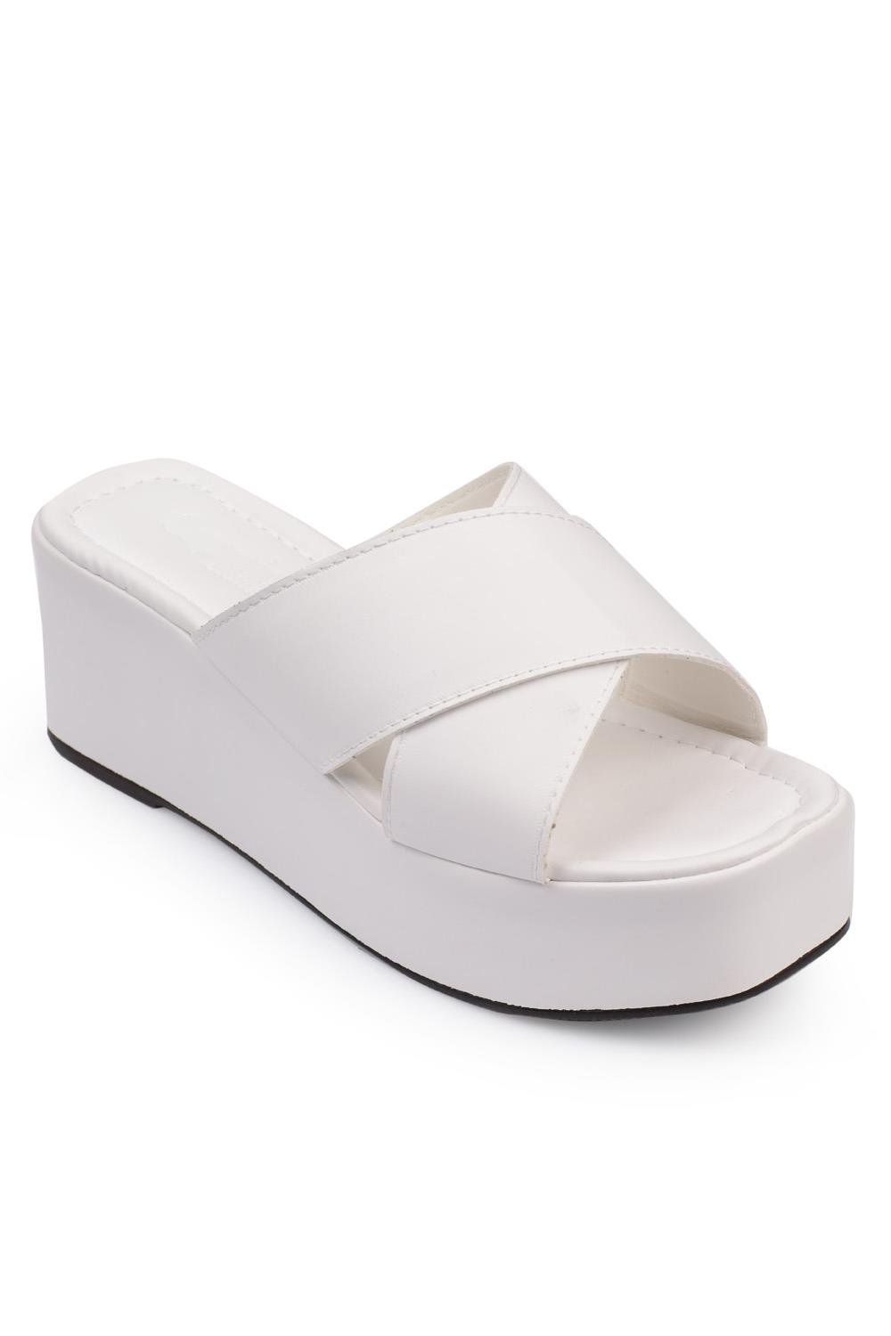 Capone Wedge Heel Cross Band Band Women White Flatform Sandals