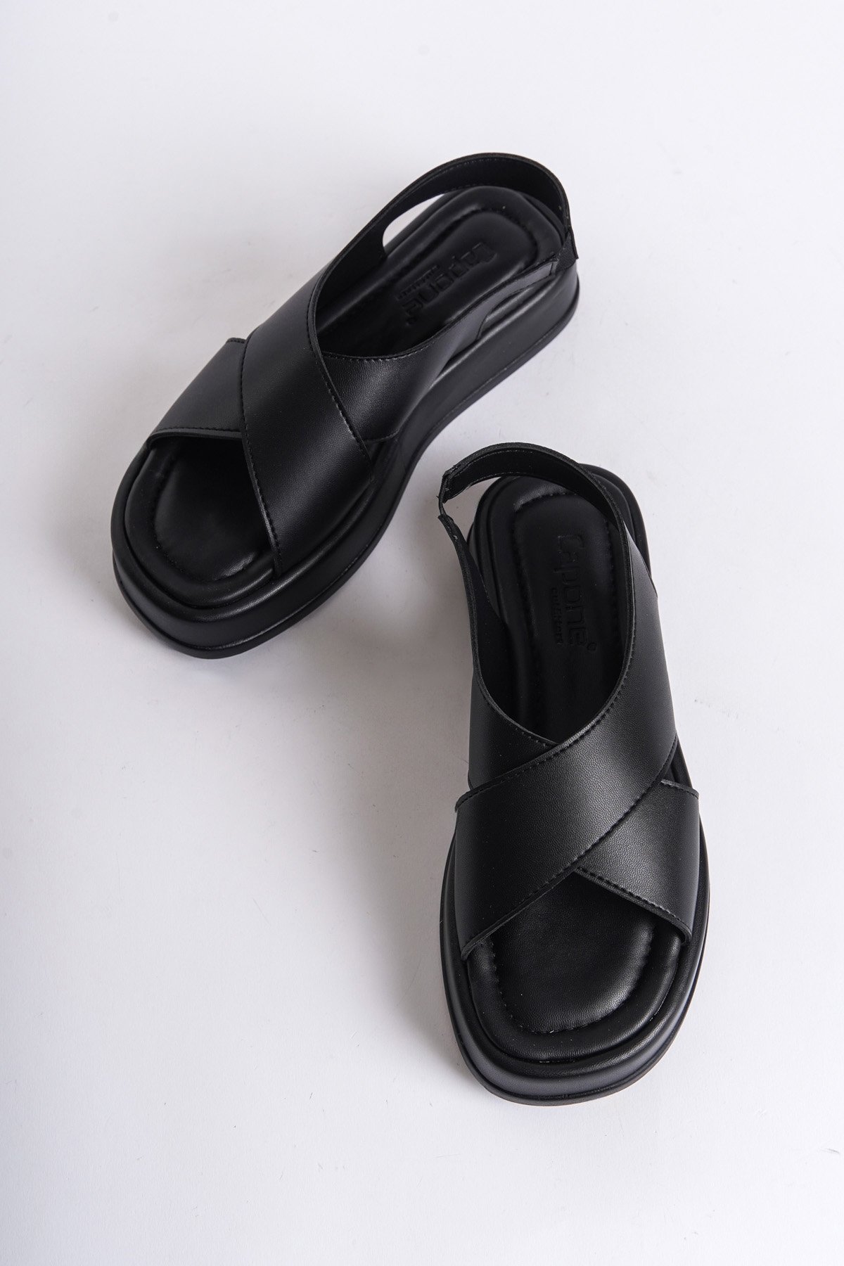 Capone Wedge Heeled Cross Strap Women Black Sandals