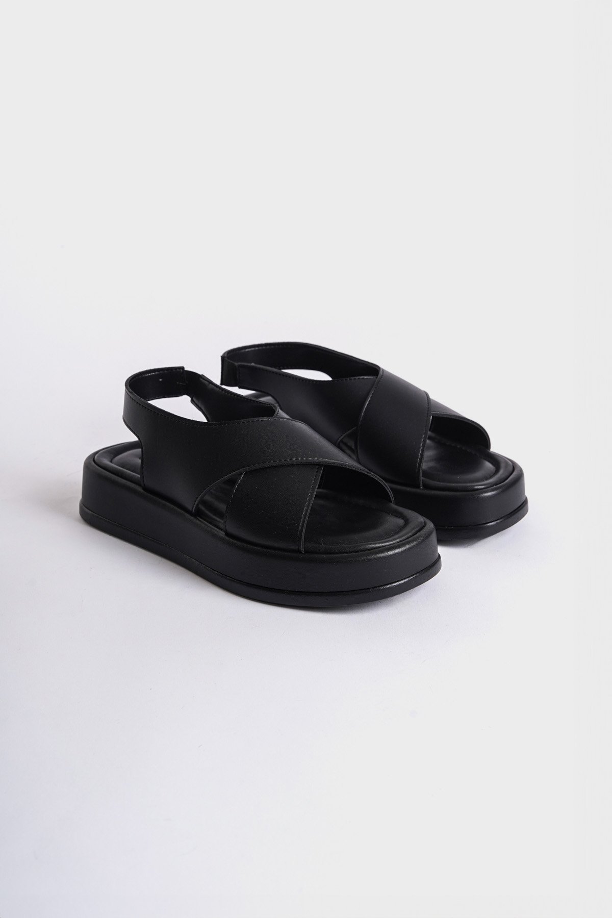 Capone Wedge Heeled Cross Strap Women Black Sandals