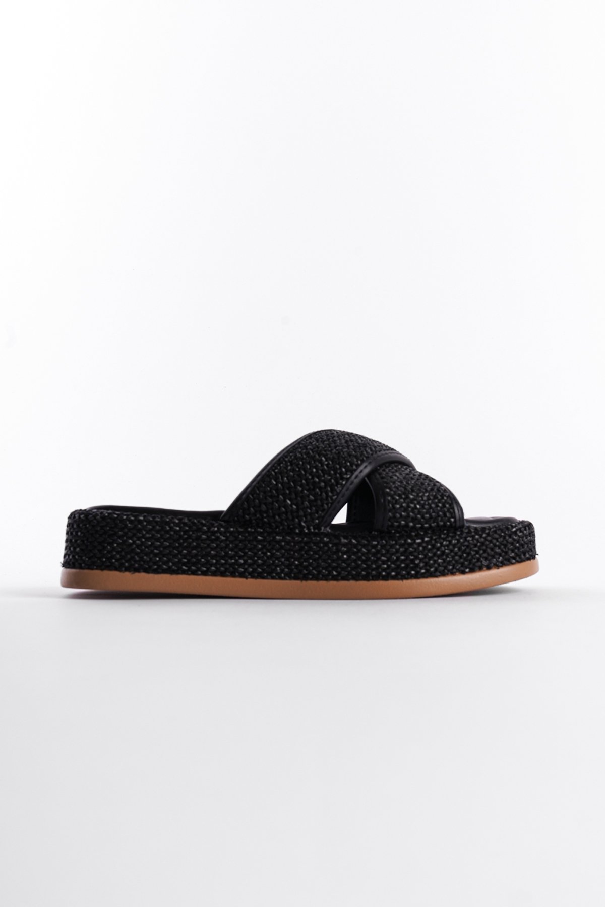Capone Wedge Heeled Wicker Cross Strap Women Black Sandals