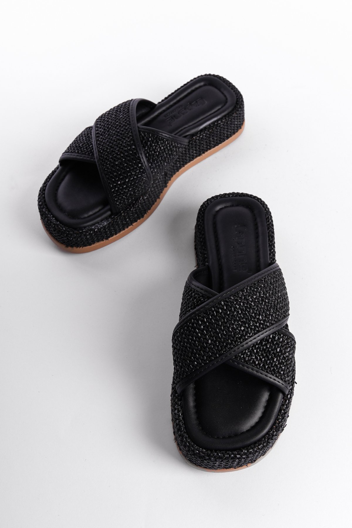 Capone Wedge Heeled Wicker Cross Strap Women Black Sandals