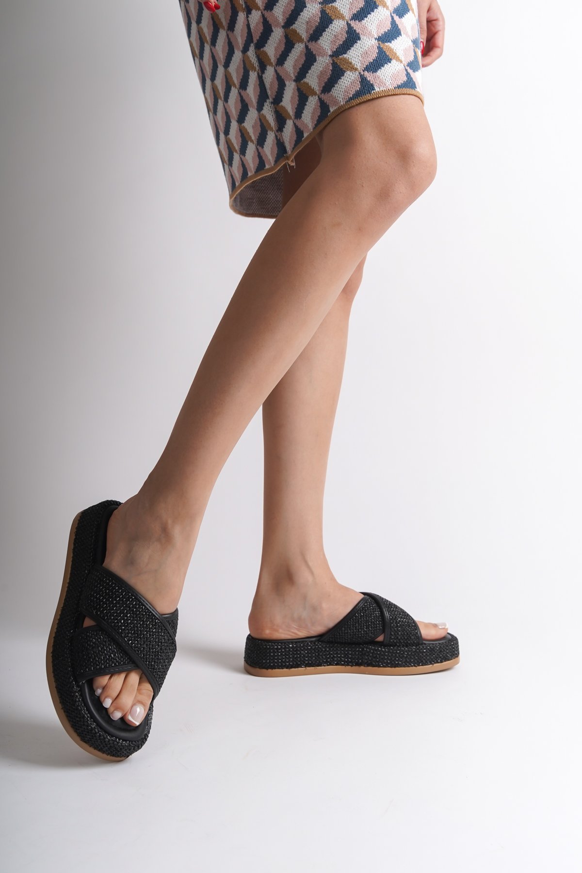 Capone Wedge Heeled Wicker Cross Strap Women Black Sandals