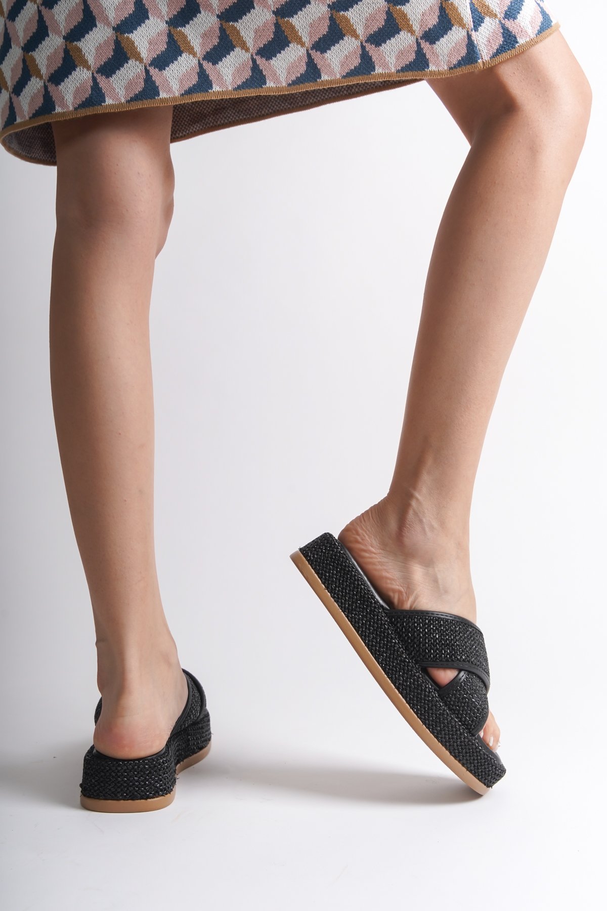 Capone Wedge Heeled Wicker Cross Strap Women Black Sandals