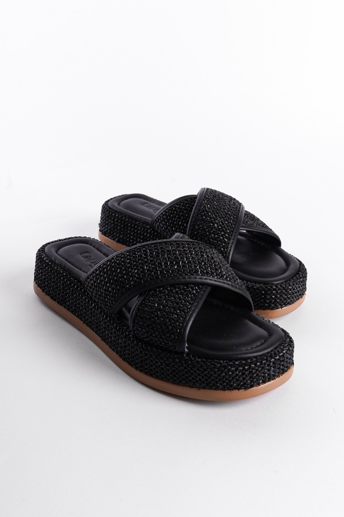 Capone Wedge Heeled Wicker Cross Strap Women Black Sandals