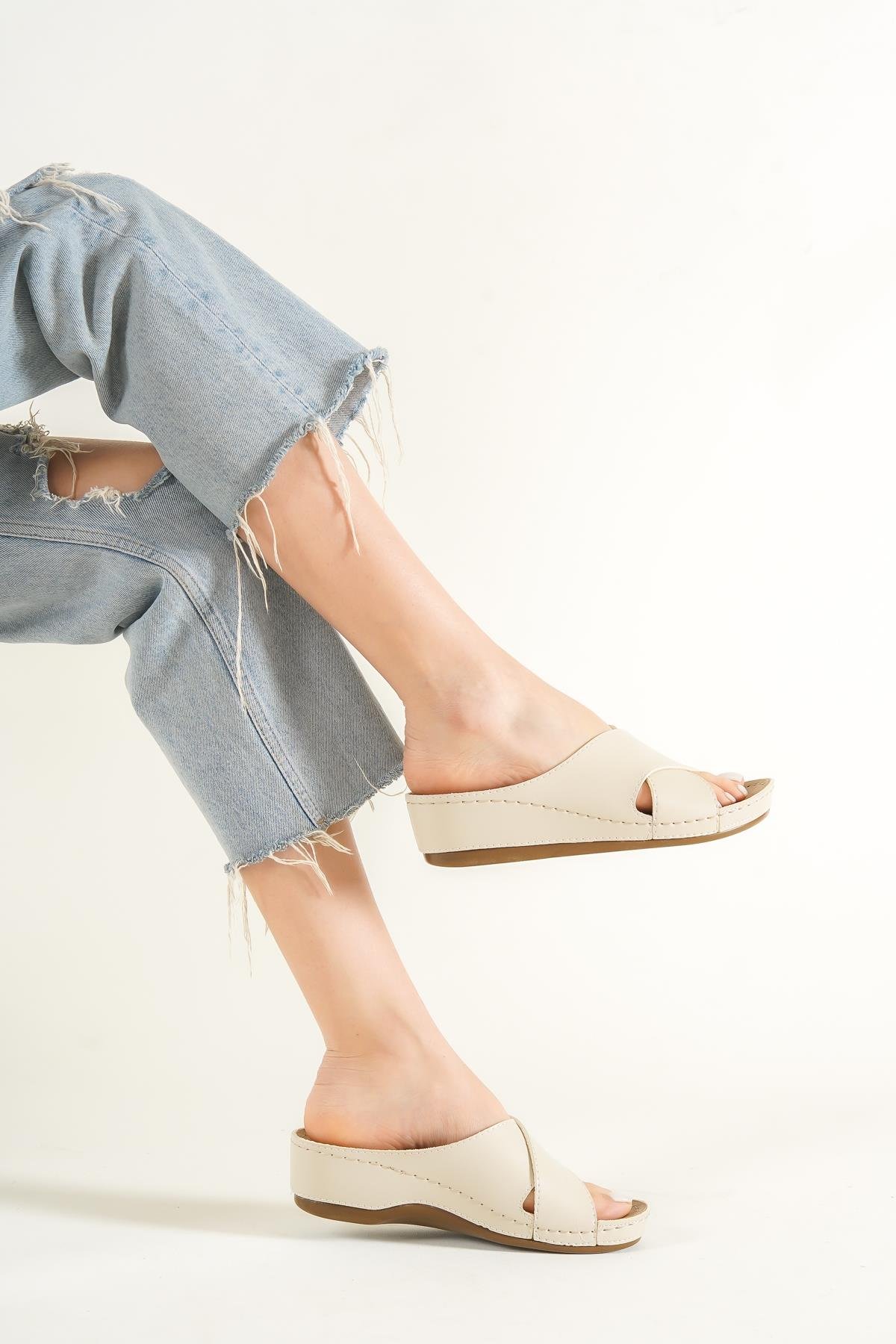 Capone Z0521 Women Beige Cross Band Slide Comfort Anatomical Sandals
