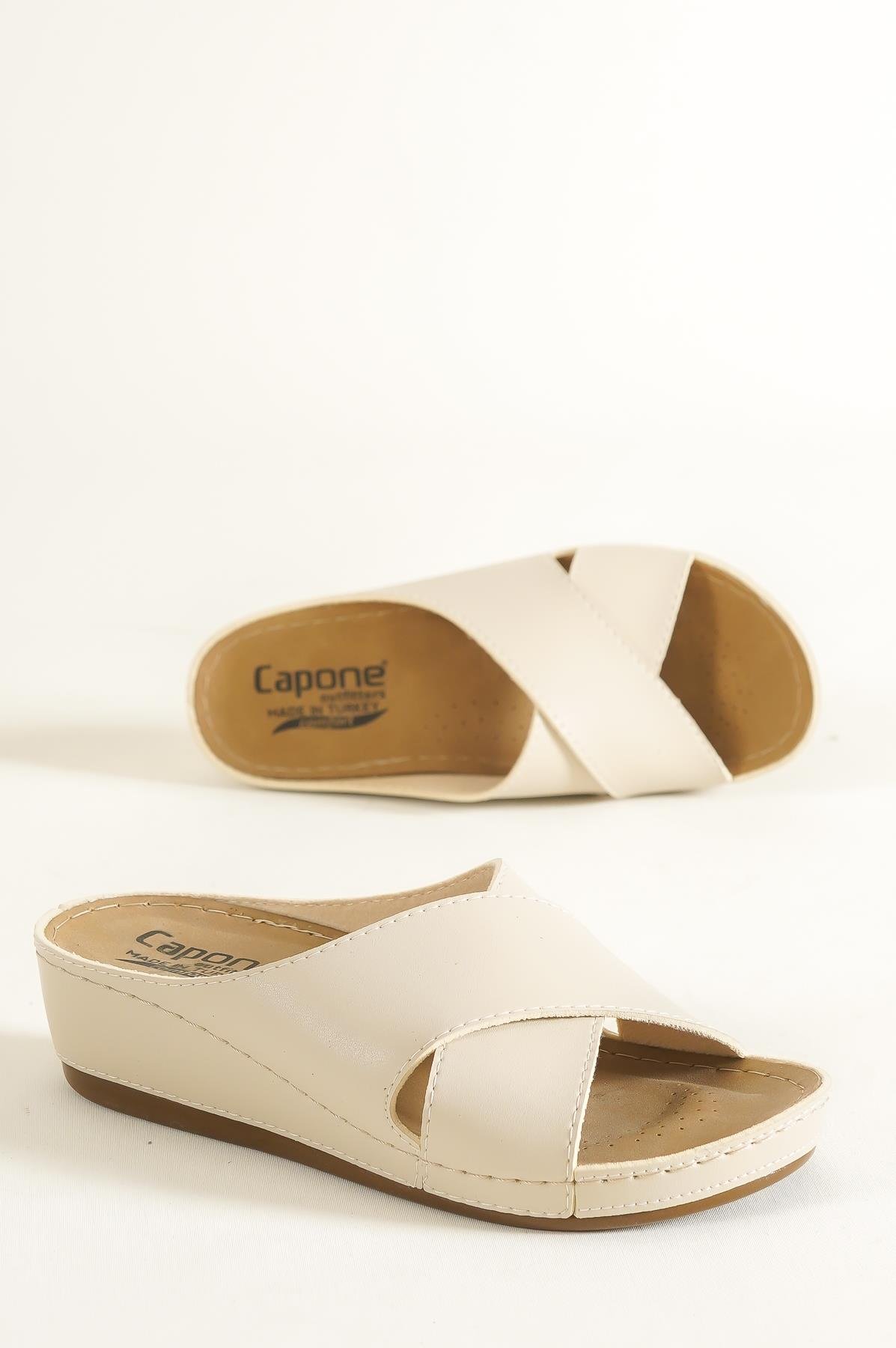 Capone Z0521 Women Beige Cross Band Slide Comfort Anatomical Sandals