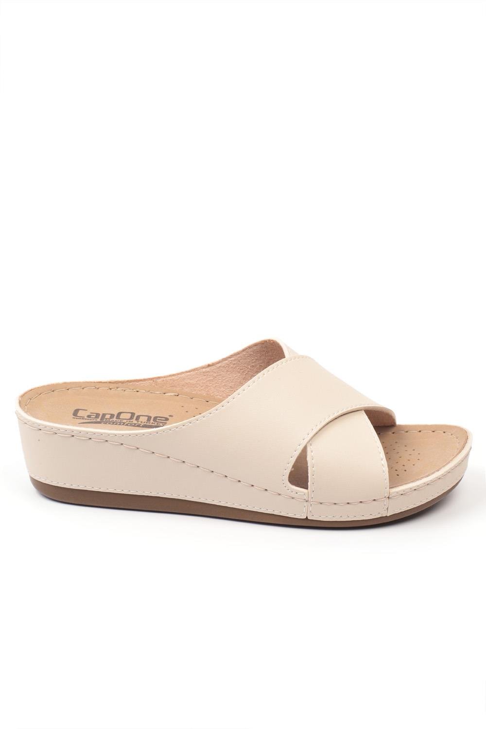 Capone Z0521 Women Beige Cross Band Slide Comfort Anatomical Sandals