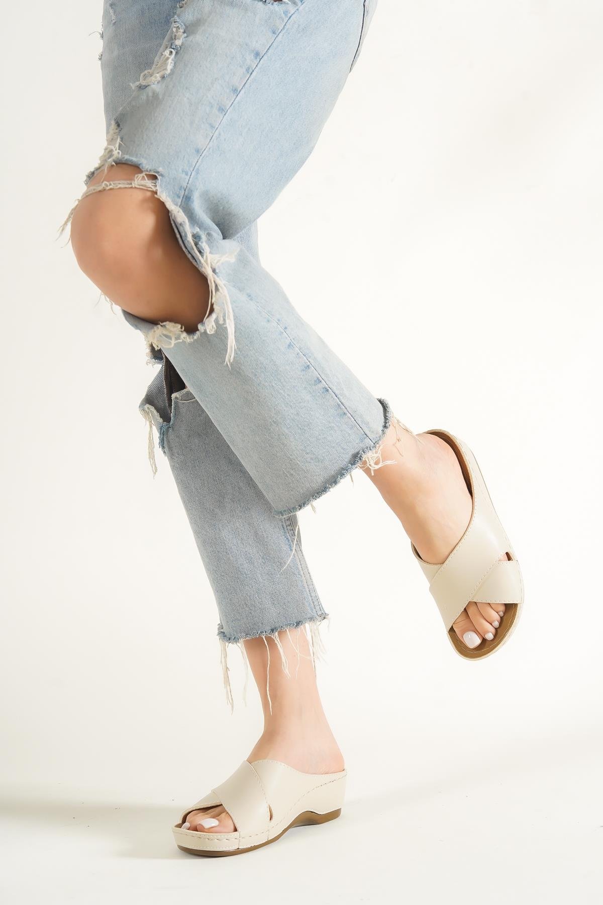 Capone Z0521 Women Beige Cross Band Slide Comfort Anatomical Sandals