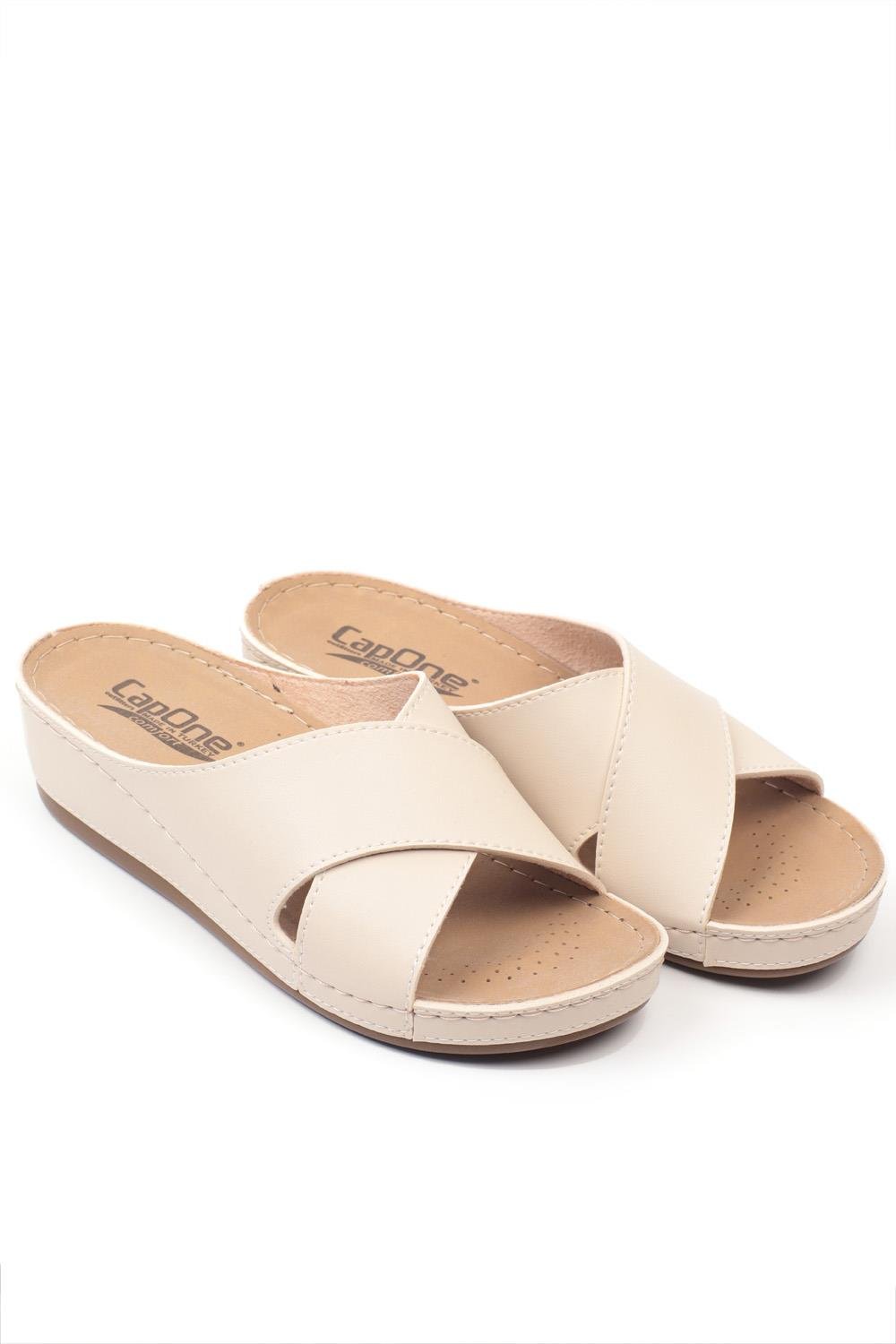 Capone Z0521 Women Beige Cross Band Slide Comfort Anatomical Sandals