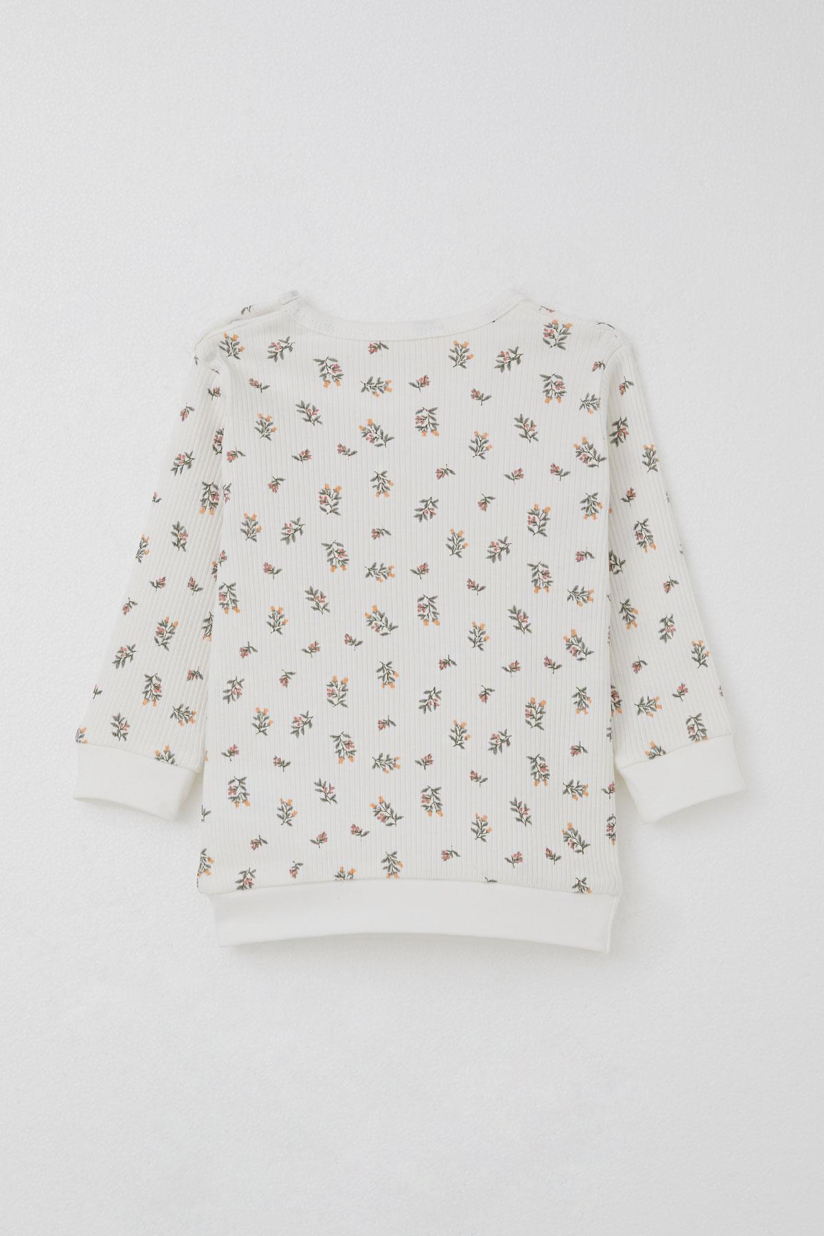 Breeze Kız Bebek Pijama Takımı Omuzdan Patlı Çiçek Desenli Ekru (4 Ay-1 Yaş)