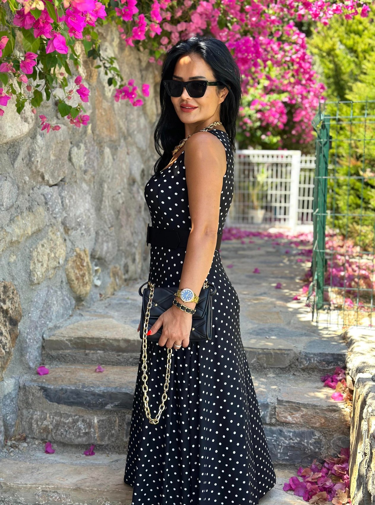 4538 Kare yaka puantiyeli kemerli  elbise 4538