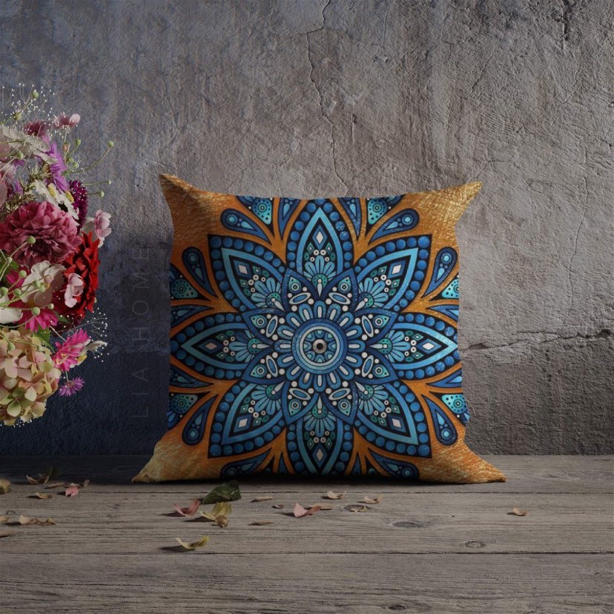 Çift Taraflı Mandala Desenli Dekoratif Kırlent Kılıfı