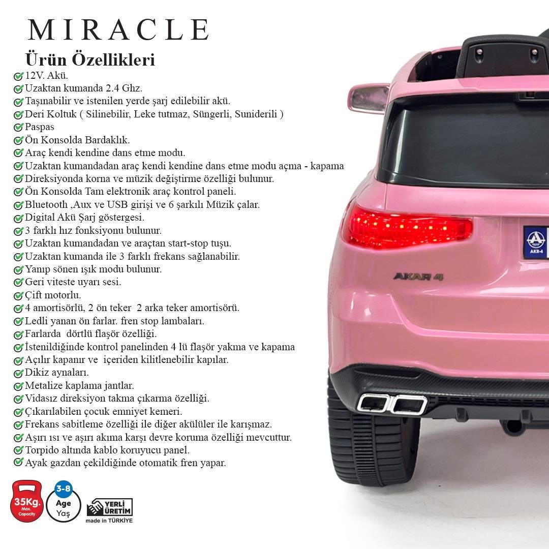 Akülü Araba 12 Volt Uzaktan Kumandalı 4x2 MIRACLE GT Deri Koltuk Pababo