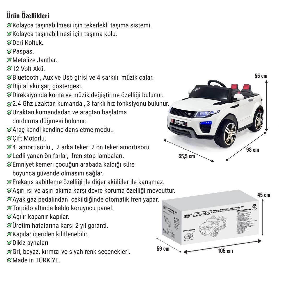 Akülü Araba 12 Volt Uzaktan Kumandalı RAPTOR GT Deri Koltuk Pababo