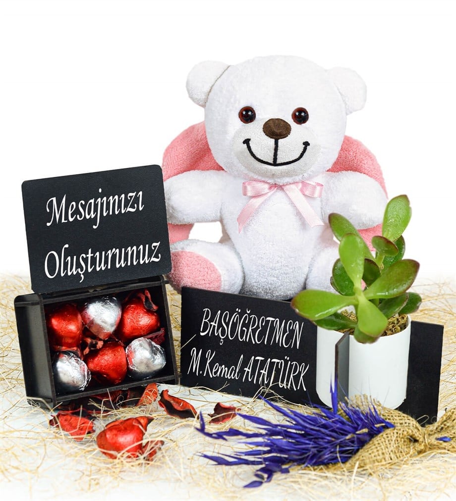 Personalisierter Engels-Teddybär in Schokoladenschachtel und Desktop-Blumentopf zum Lehrertag