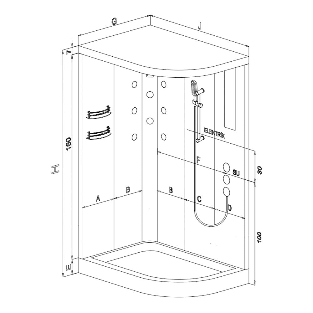 Shower90x150 Rain Asimetrik Tekneli Kompakt Duş Sistemi