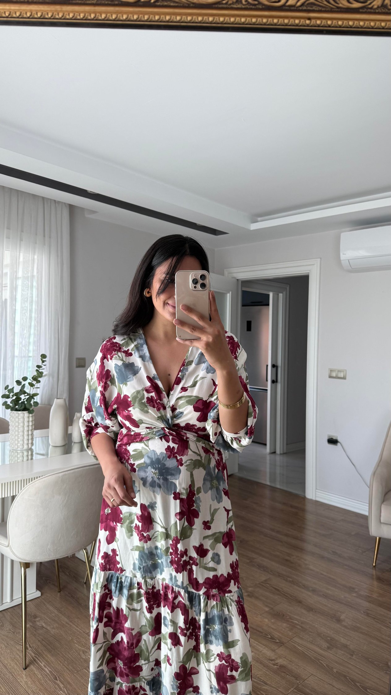 V YAKA ÇİÇEK DTY ELBİSE 