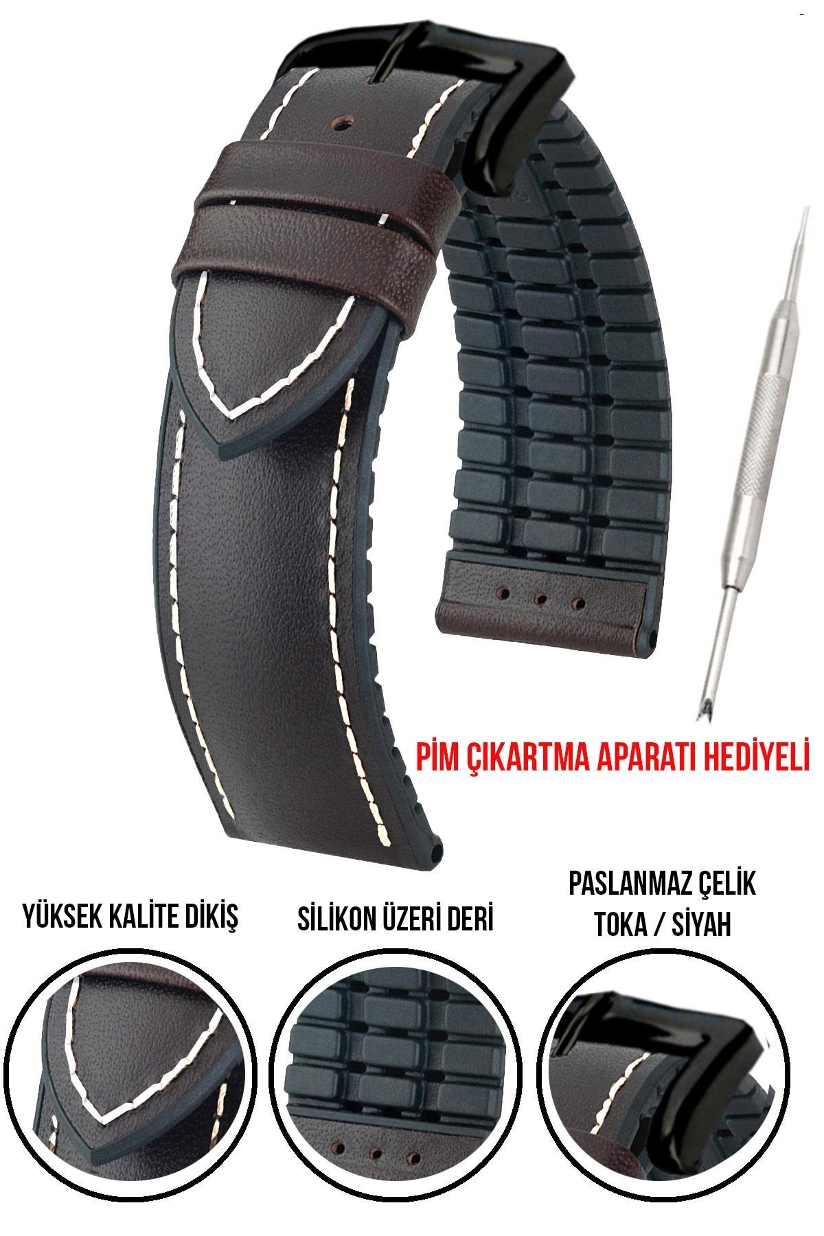 20mm-22mm-24mm Saat Uyumlu Siyah Renk Üzeri Kahverengi Renk Klasik Model Deri Silikon Saat Kordonu Kayışı LS35KLS-S
