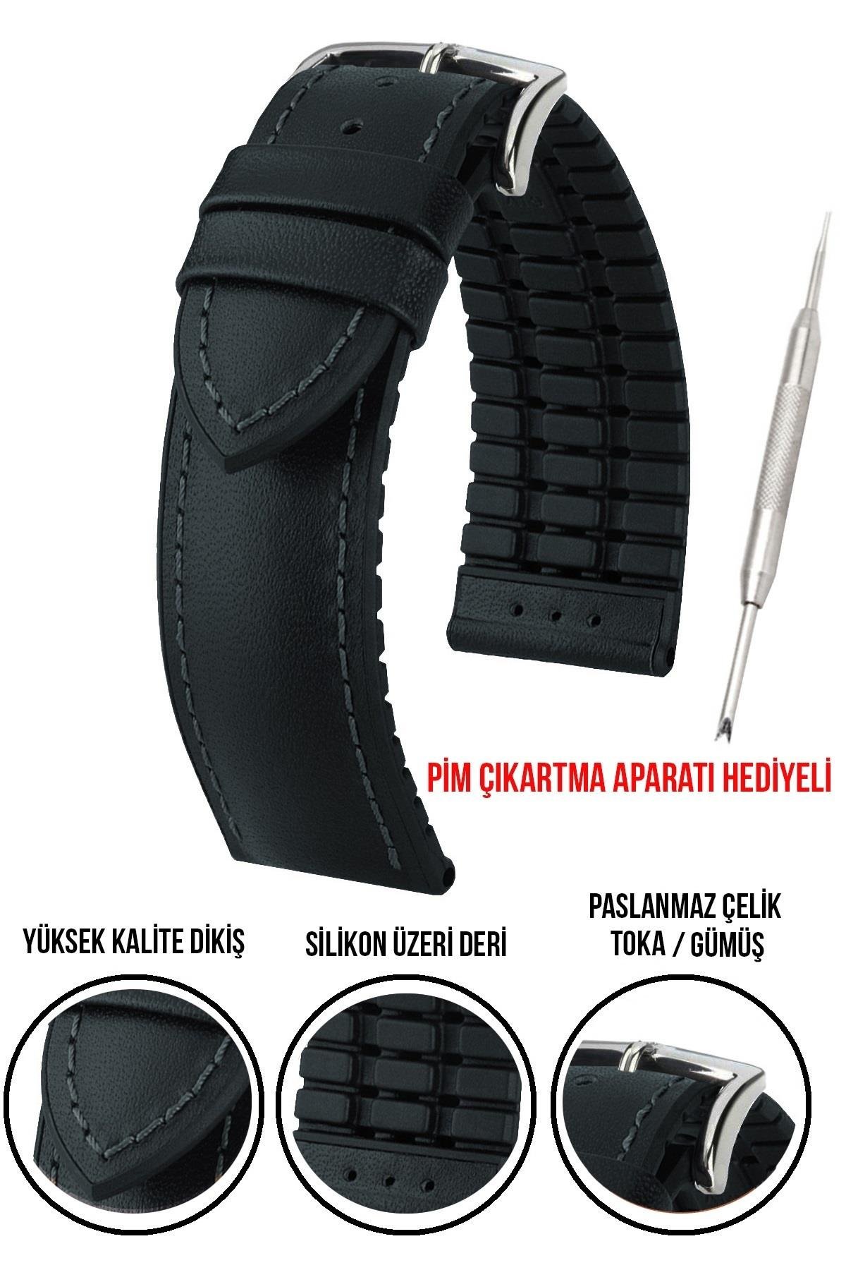 20mm-22mm-24mm Saat Uyumlu Siyah Renk Üzeri Siyah Renk Klasik Model Deri Silikon Saat Kordonu Kayışı LS35KLS-G