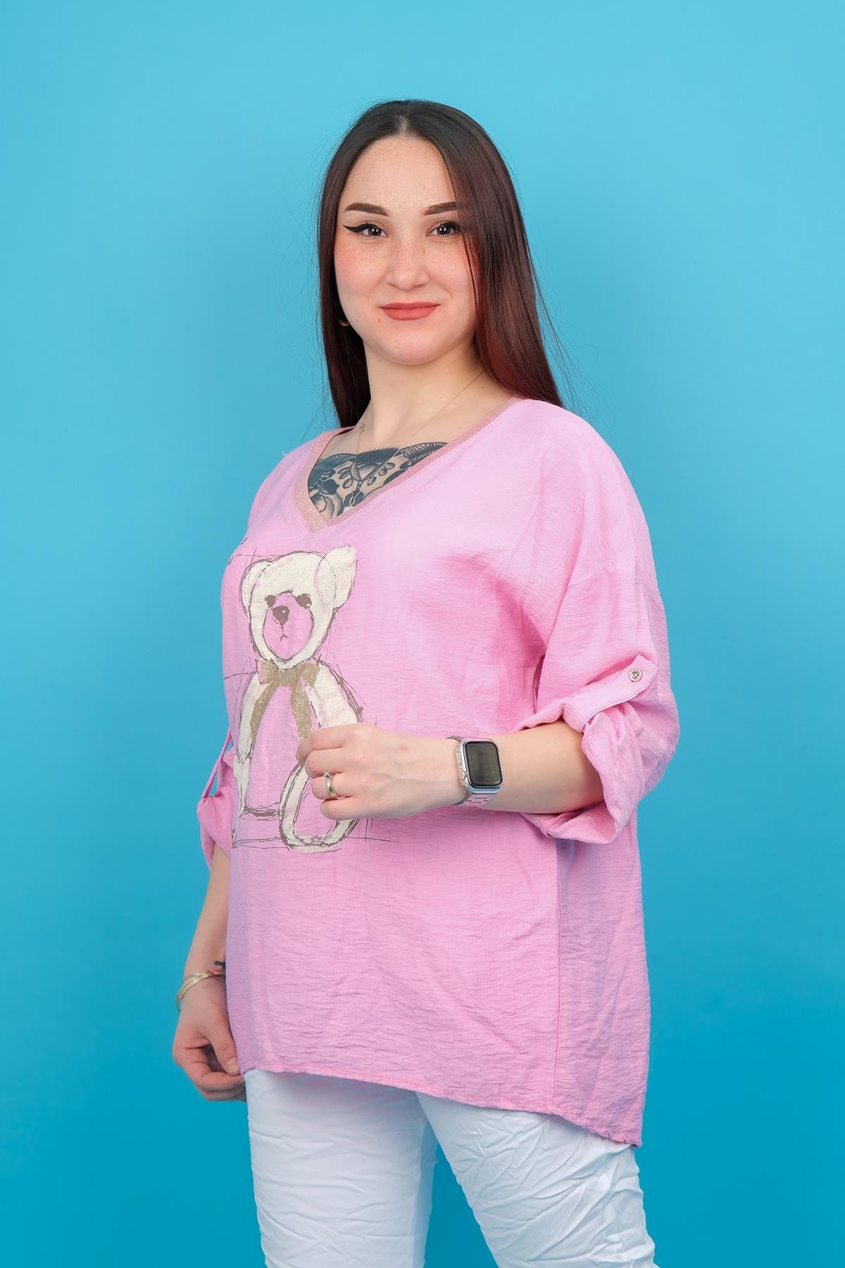Ayıcık Baskılı Yakası Simli Viskon Bluz Pembe RenkBLUZ