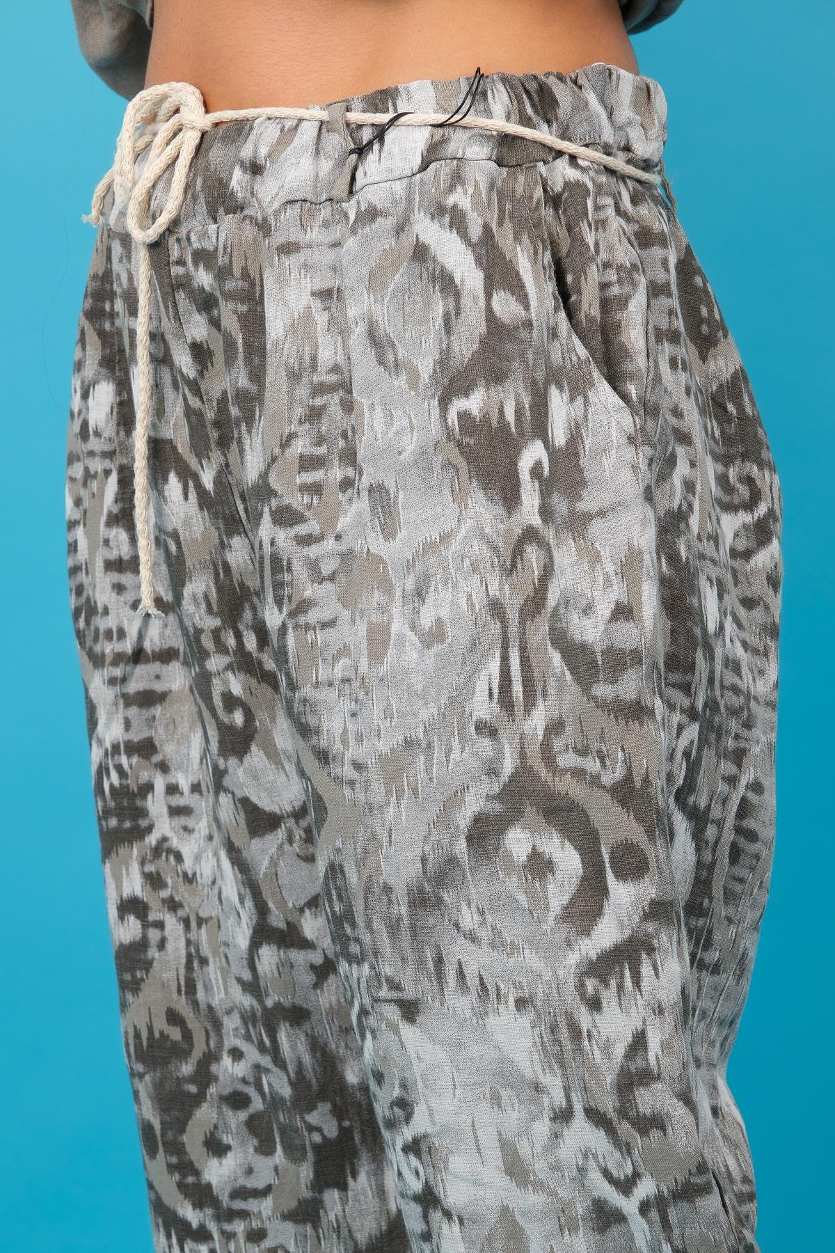 Batik Desen Havuç Paça Keten Pantolon Vizon RenkPANTOLON