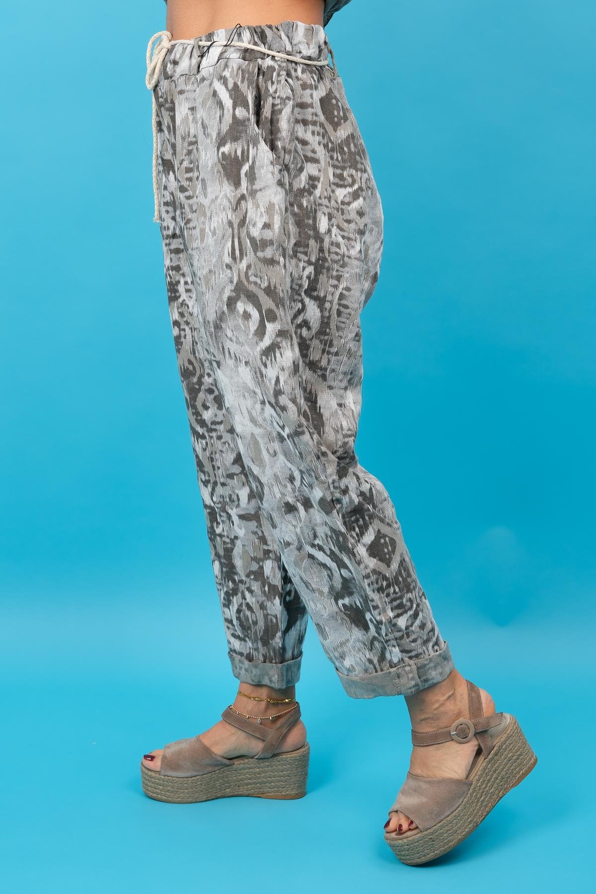 Batik Desen Havuç Paça Keten Pantolon Vizon RenkPANTOLON