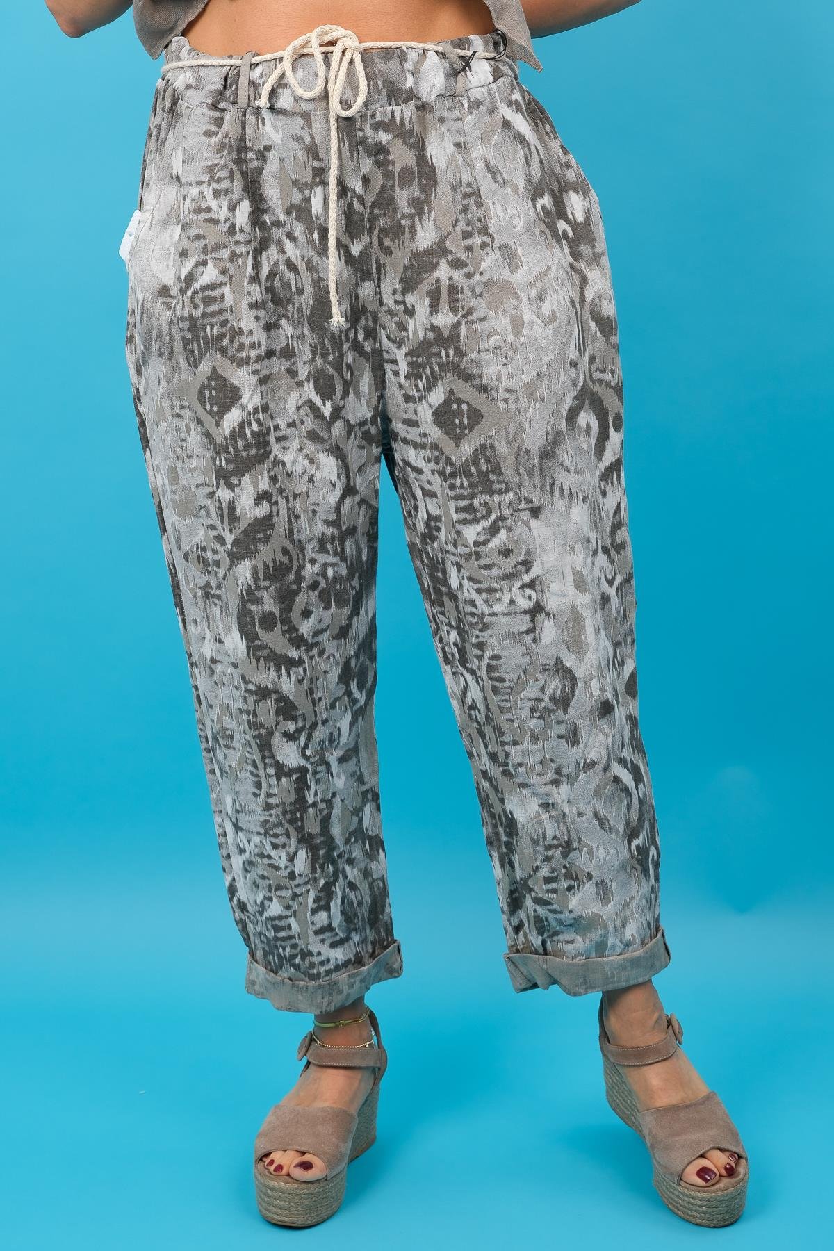 Batik Desen Havuç Paça Keten Pantolon Vizon RenkPANTOLON