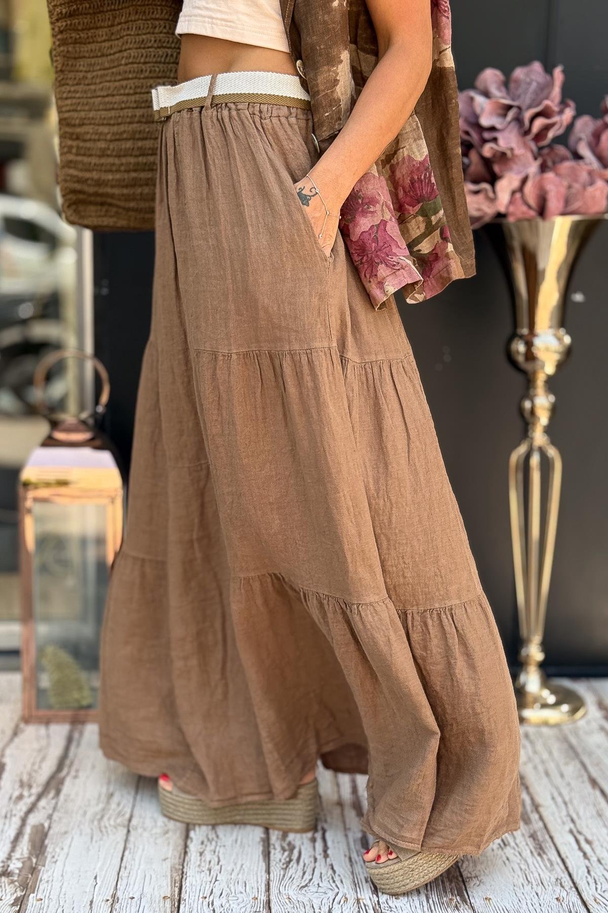 Dikiş Detaylı Kemerli Keten Etek Camel RenkETEK