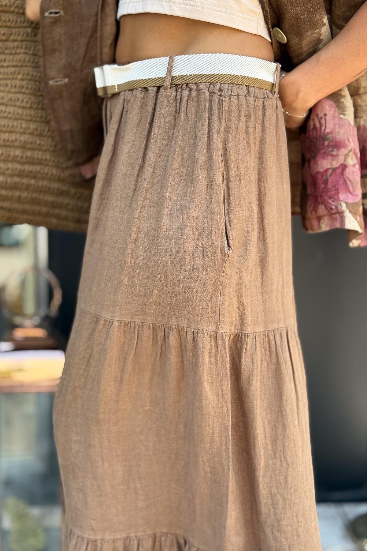 Dikiş Detaylı Kemerli Keten Etek Camel RenkETEK