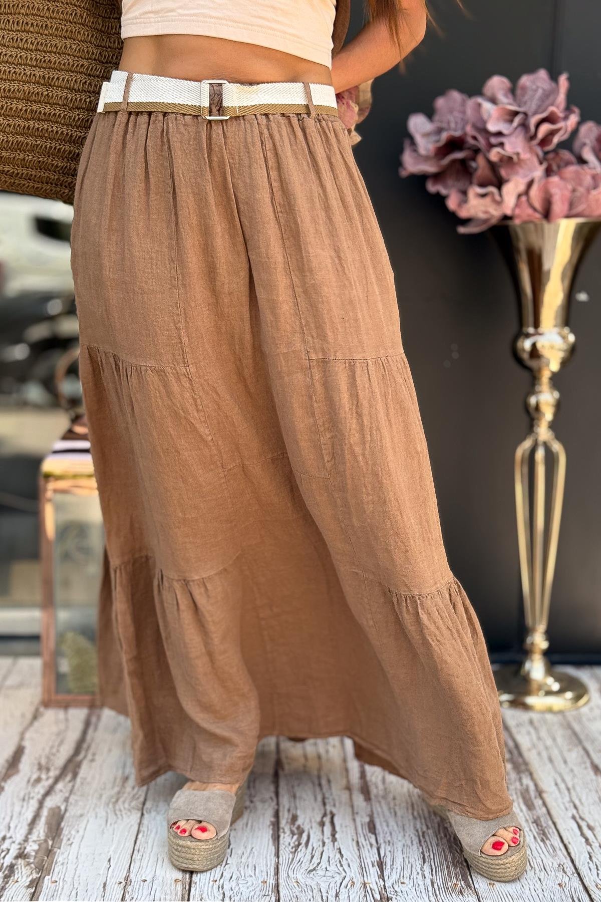 Dikiş Detaylı Kemerli Keten Etek Camel RenkETEK