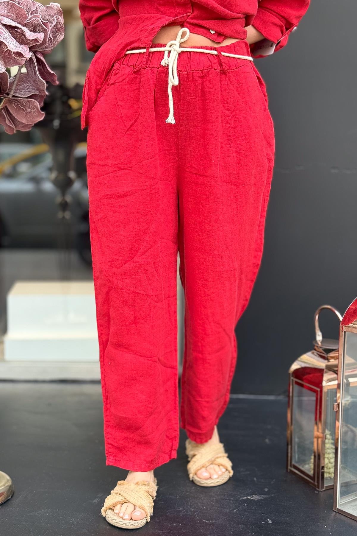 Halat Kemerli Basic Renk Havuç Paça Tok Kumaş Keten Pantolon Kırmızı RenkPANTOLON
