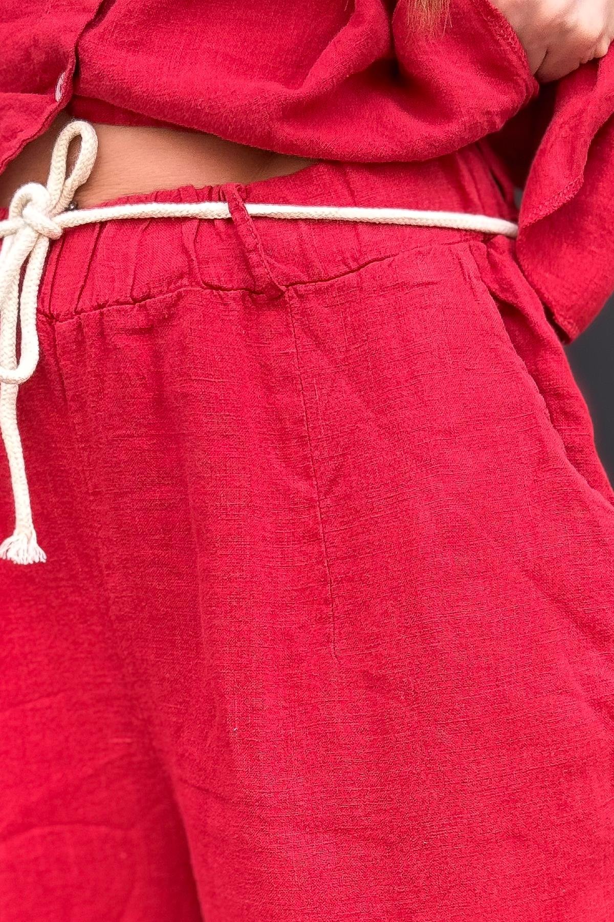 Halat Kemerli Basic Renk Havuç Paça Tok Kumaş Keten Pantolon Kırmızı RenkPANTOLON