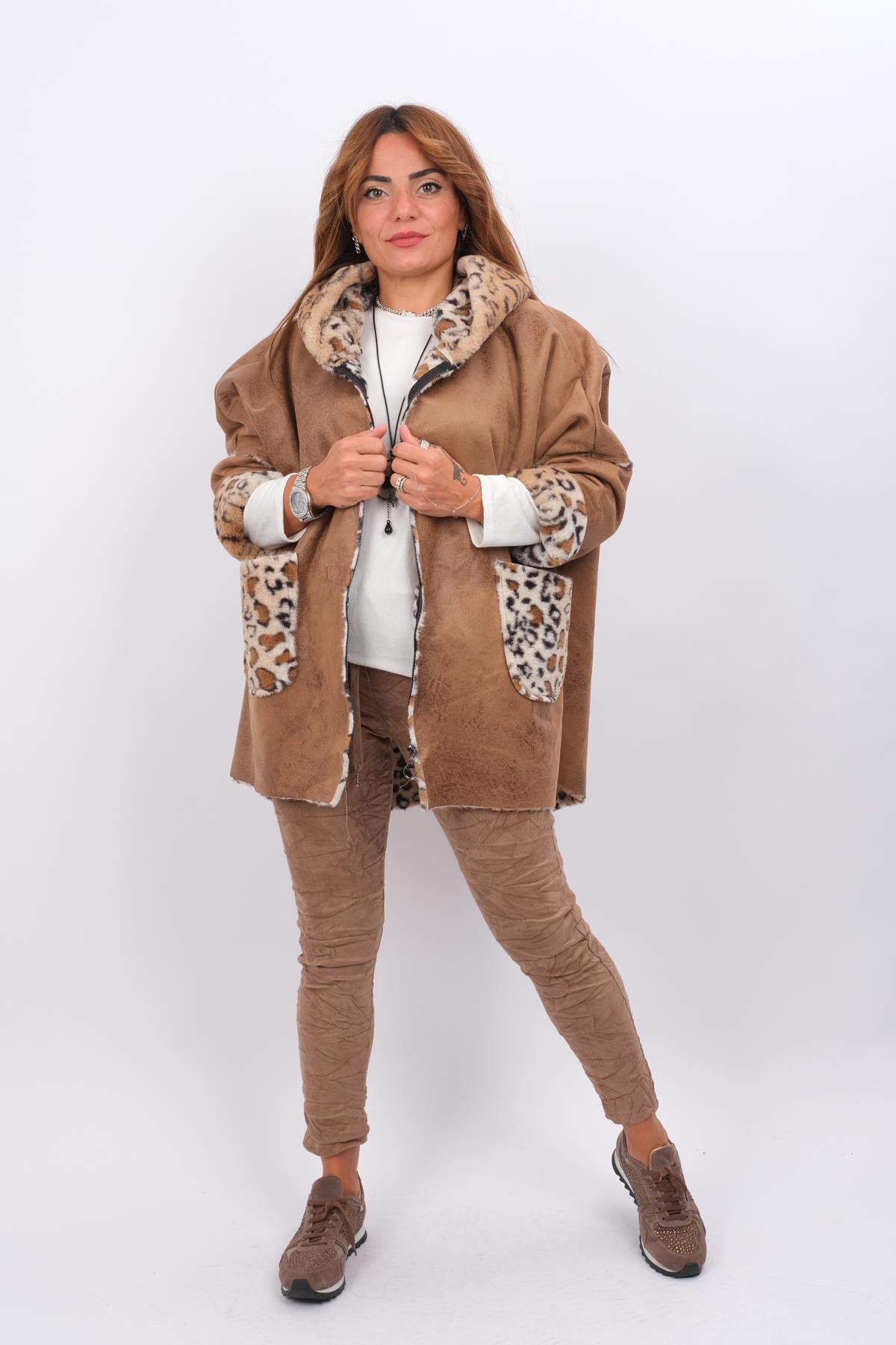 İçi Leopar Desenli Nubuk Kaban Camel RenkMONT & KABAN