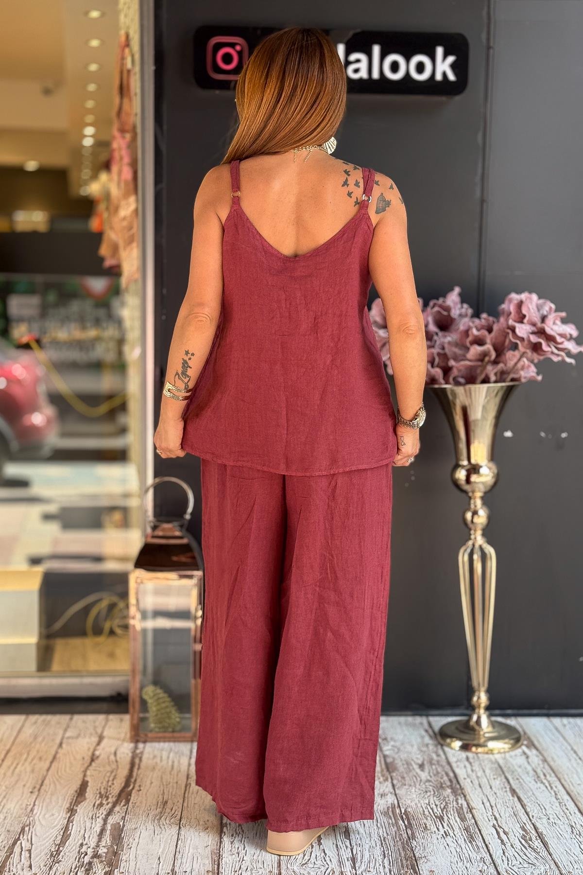 İnce Askılı Keten Bluz Bordo RenkBLUZ